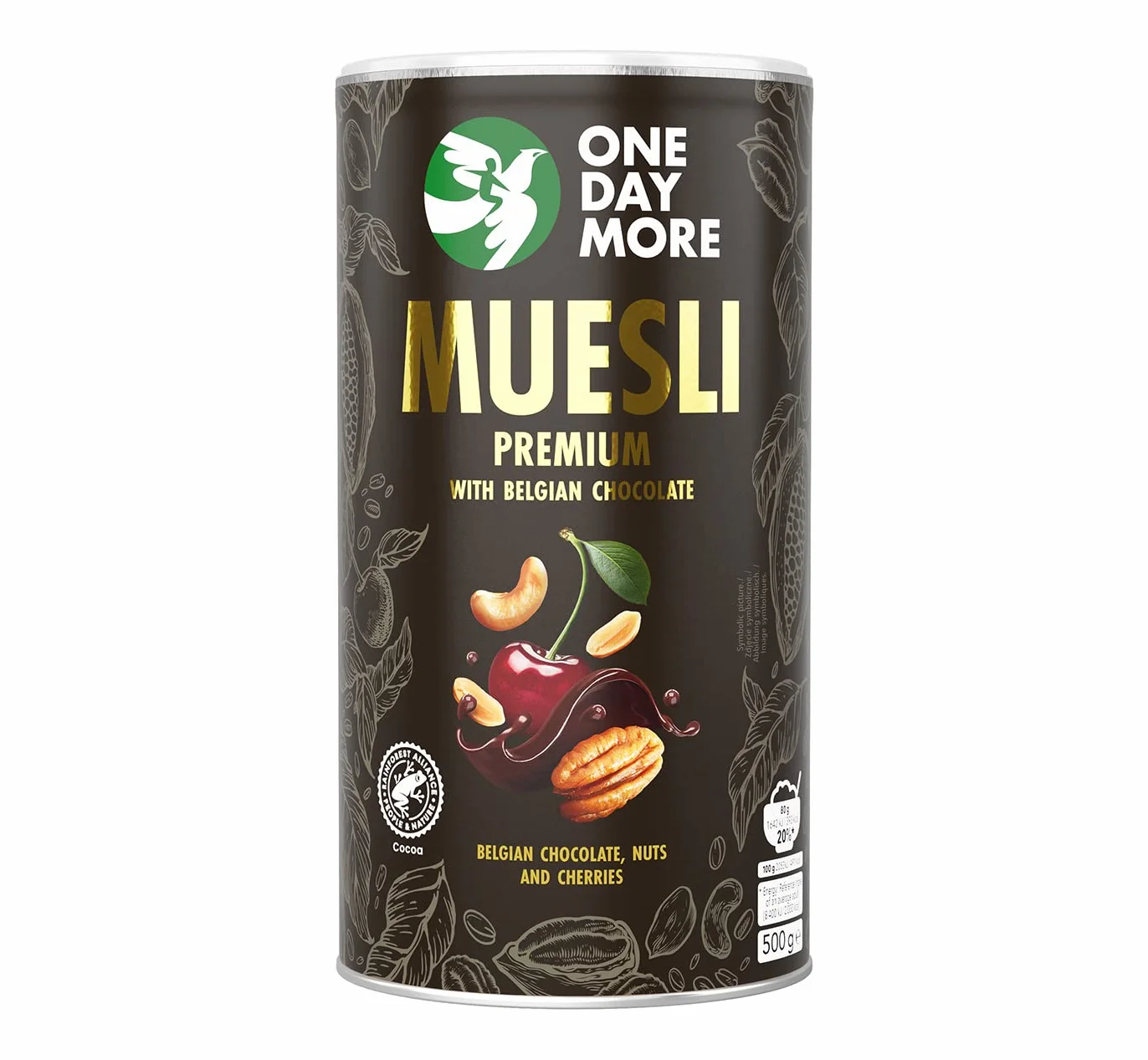 OneDayMore Musli Premium z Belgijską Czekoladą | Orzechy Pekan i Nerkowca, Liofilizowane Wiśnie | 450 g | Bez Oleju Palmowego