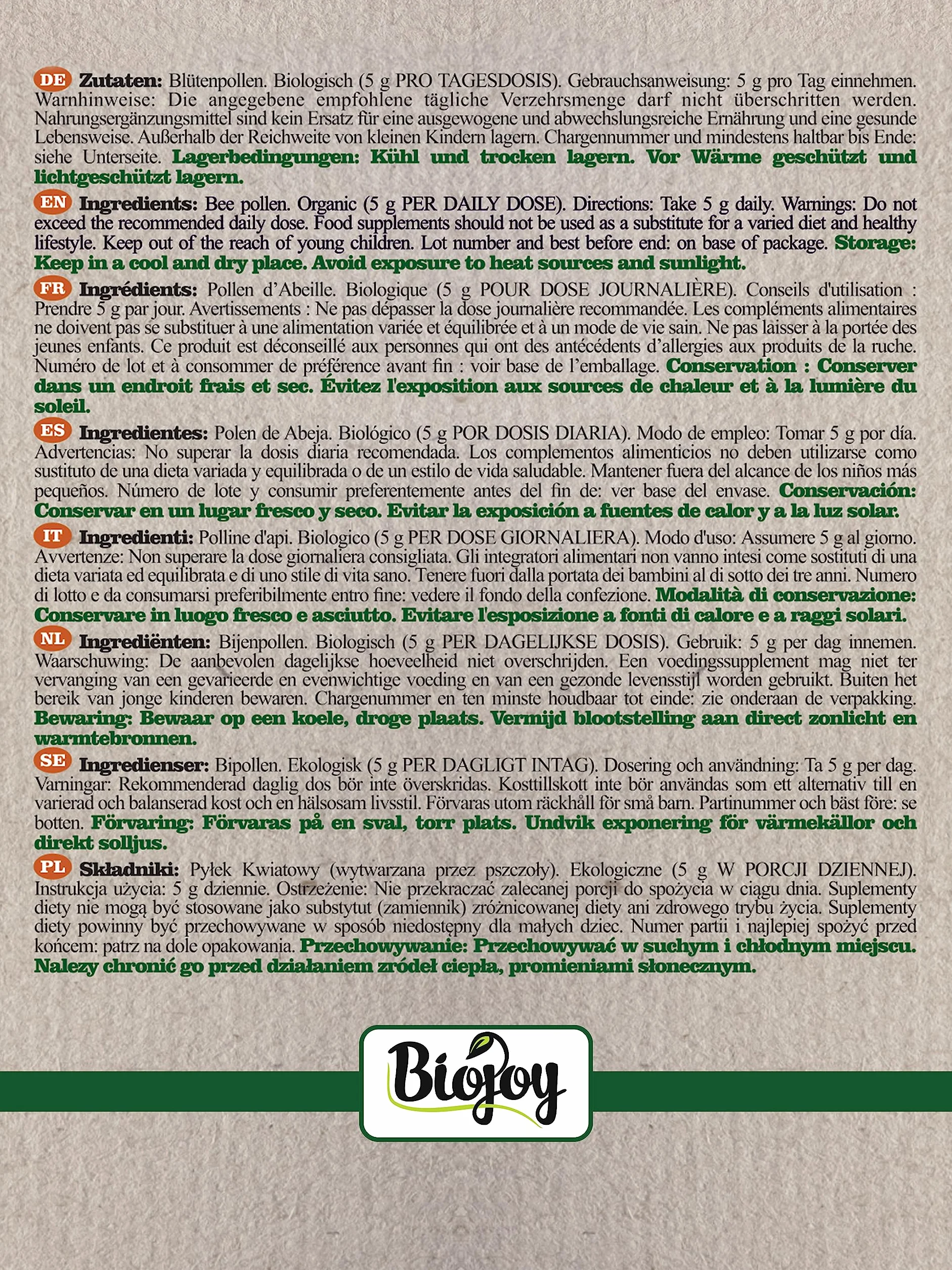Biojoy Ekologiczny Pyłek pszczeli 500 g granulat pyłku kwiatowego naturalny