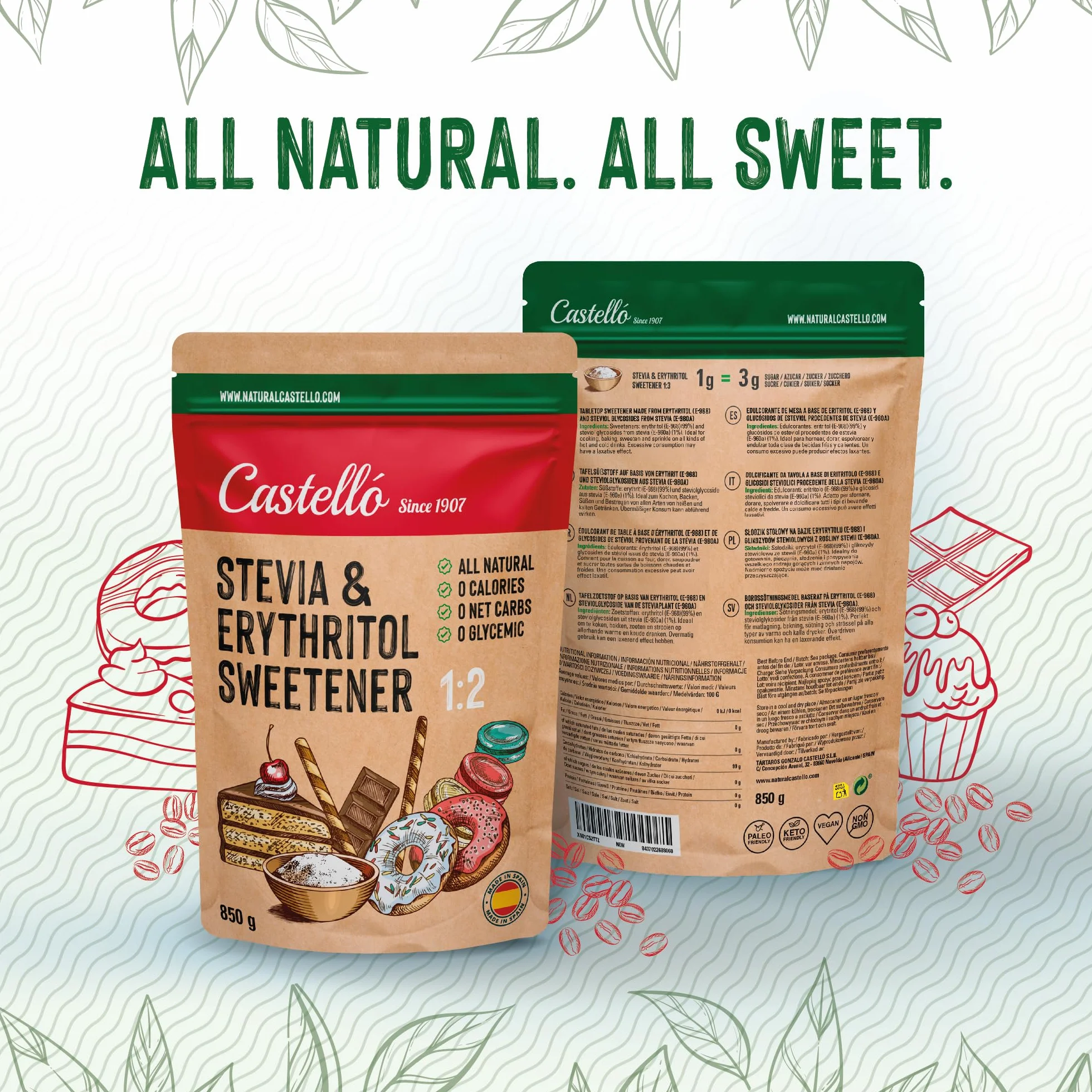 Słodzik Stevia + Erytrytol 1:3 | 1g = 3g cukru | Słodzik o 100% naturalnym smaku - 0 Kalorii - 0 Indeks Glikemiczny - Keto i Paleo - 0 Węglowodanów Netto - Bez GMO - Castello since 1907-850 g