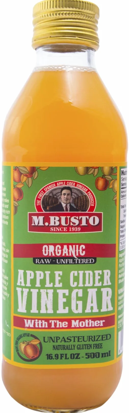 M.Busto - Ekologiczny ocet jabłkowy (opakowanie 2 butelek x 500 ml każda), Z Asturii (Hiszpania), od 1939, niepasteryzowany, niefiltrowany, z matką, z certyfikatem koszerności