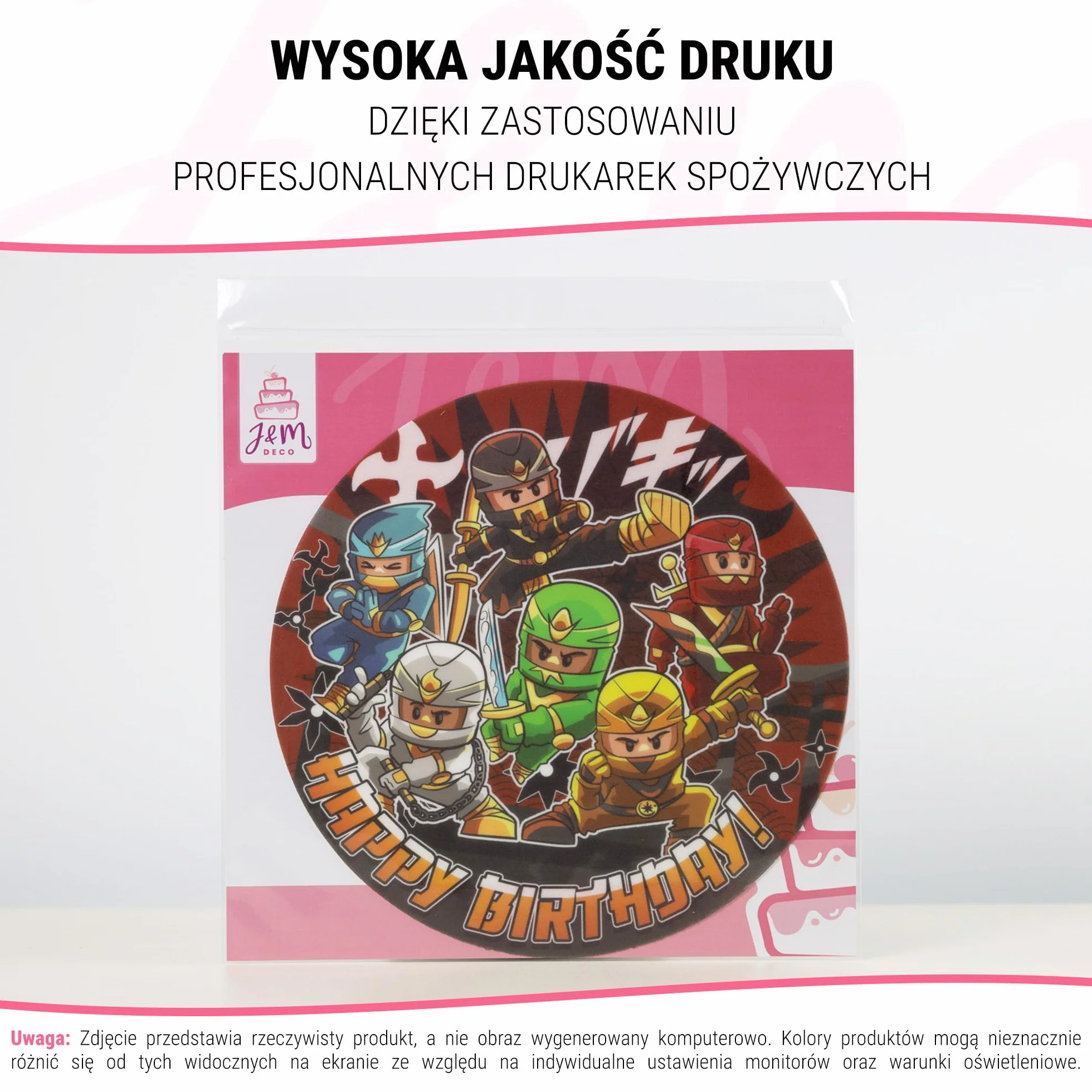 J&M DECO Opłatek na tort Ninja Ø20 cm – jadalna dekoracja urodzinowa z motywem wojownika – topper tortowy dla dzieci – bezglutenowy i wegański