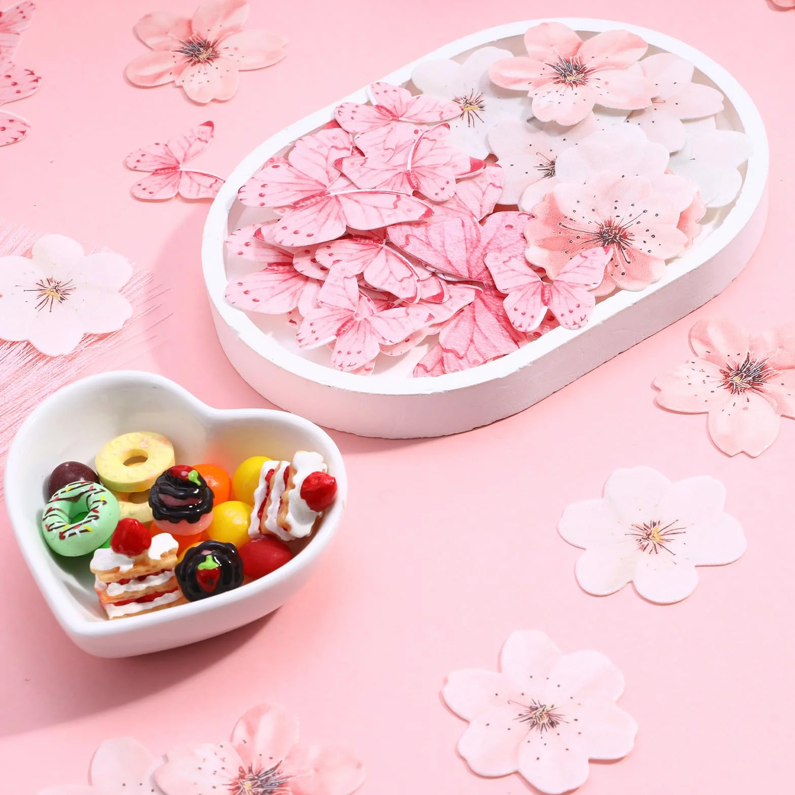 90 szt. jadalne kwiaty motyl dekoracja tortu, różowy papier waflowy motyl babeczki toppery jadalny kwiat wiśni ciasto topper ciasta kostki na baby shower dzieci urodziny dekoracje ślubne