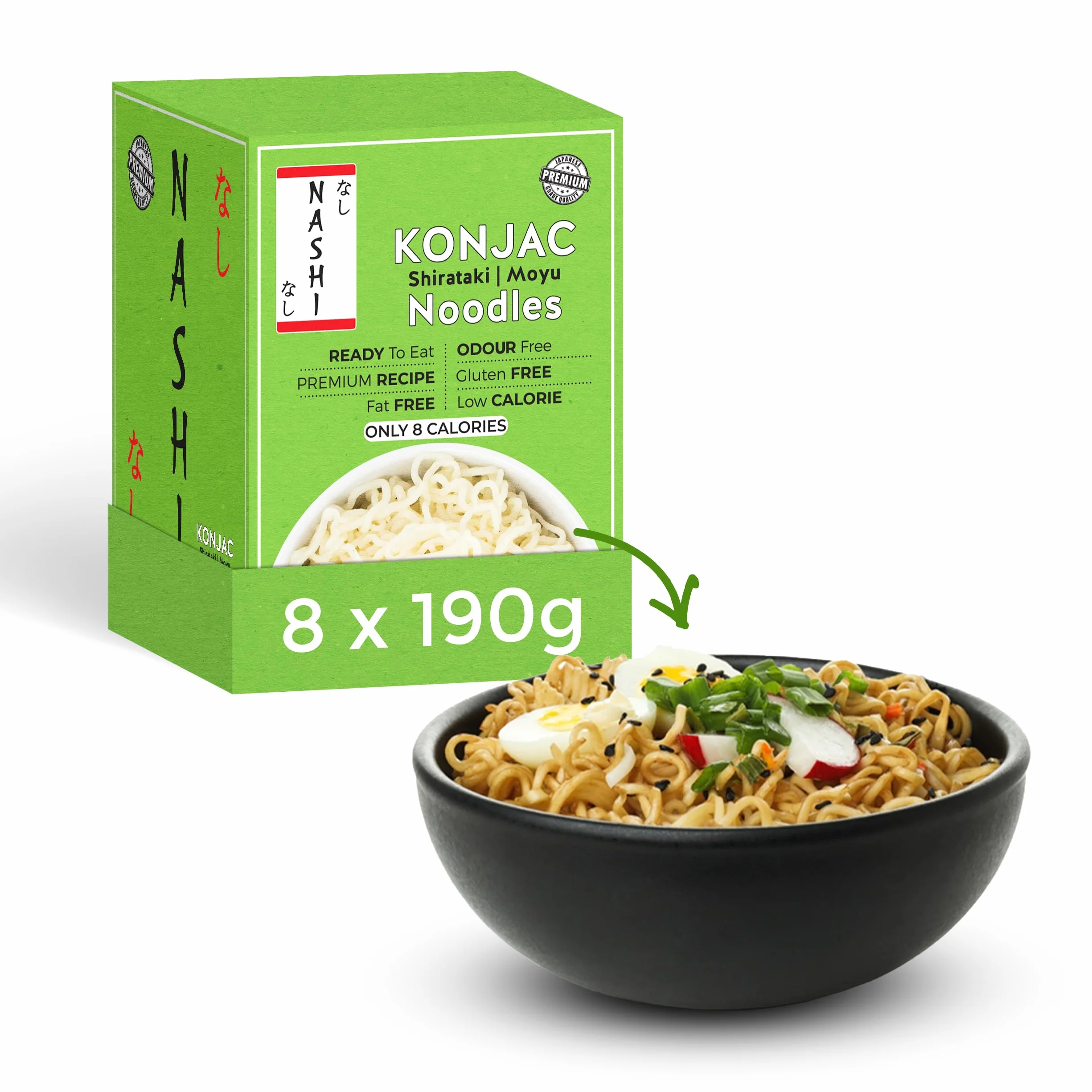 Nashi Konjac Shirataki Premium Noodles (8 × 190 g) - Bez zapachu, odpowiedni dla wegan, beztłuszczowy i niskokaloryczny, przyjazny dla glukomannanu keto, dieta niskowęglowodanowa, gotowa do spożycia
