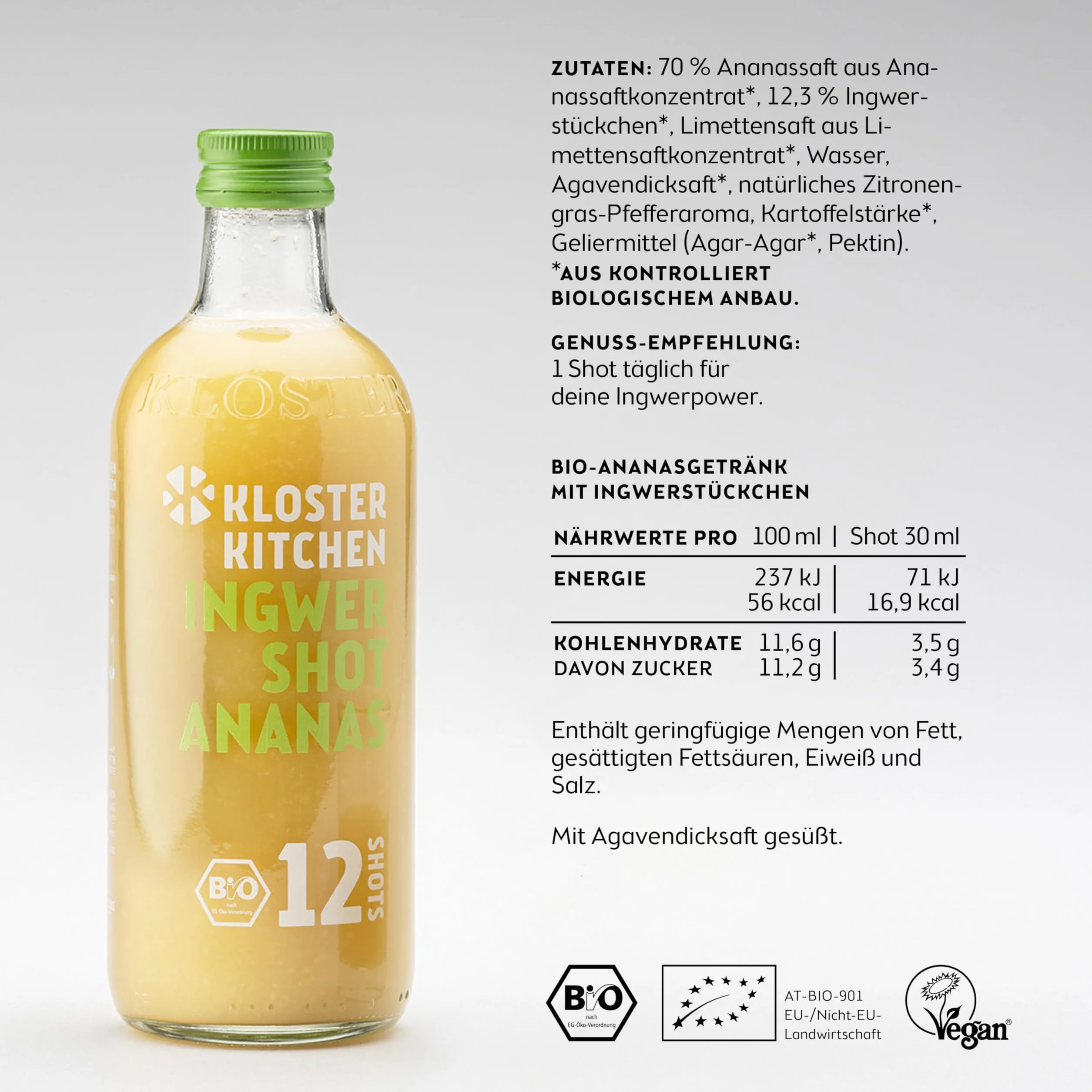Kloster Kitchen Bio Imbir Shot Ananas 12 Shots 3 x 360 ml z Prawdziwymi Kawałkami Imbiru, Wegański, Szklana Butelka