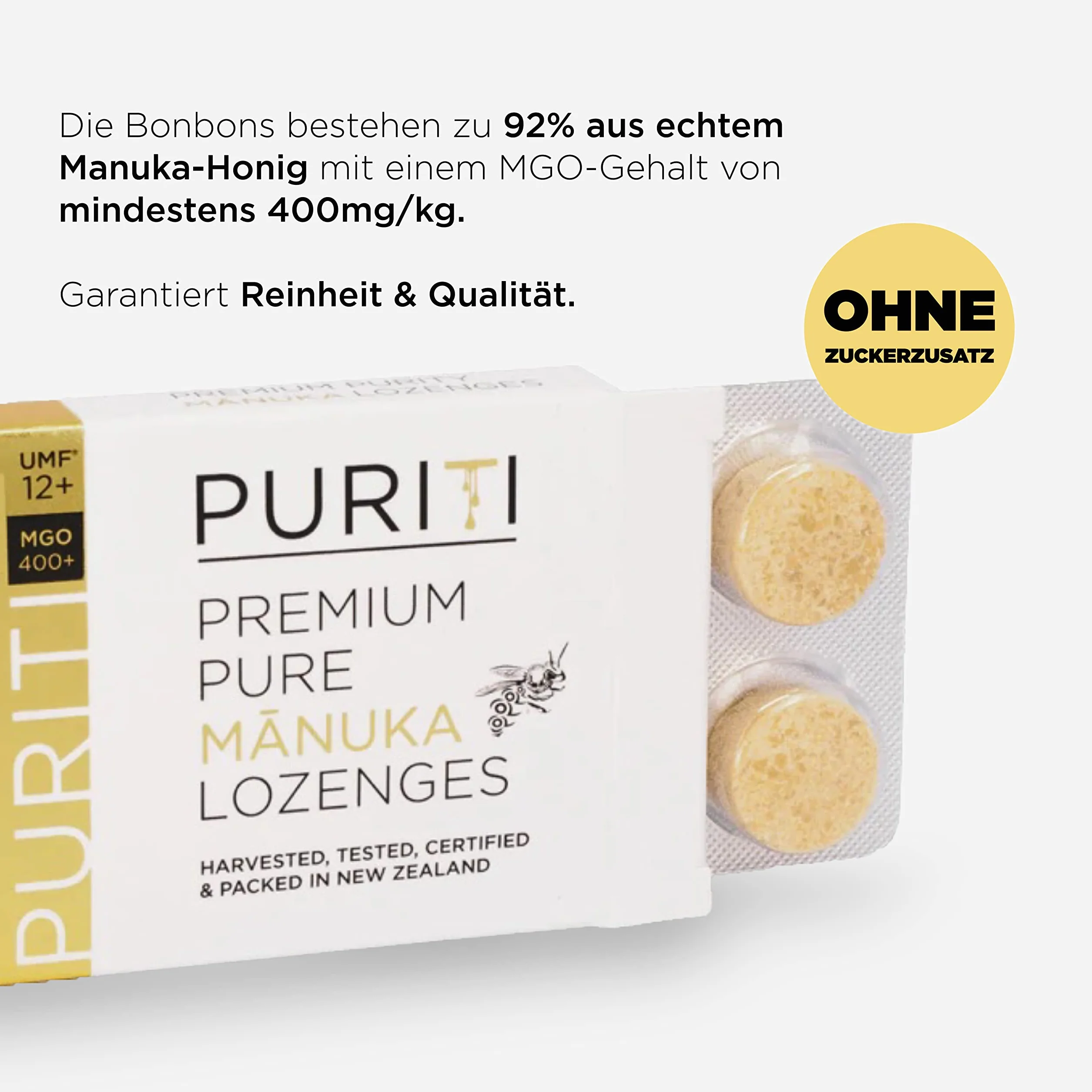 PURITI Manuka cukierki miodowe MGO 400+ z Nowej Zelandii z 92% miodu Manuka, bez dodatku cukru, bez sztucznych dodatków – 8 cukierków do ssania, 20 g