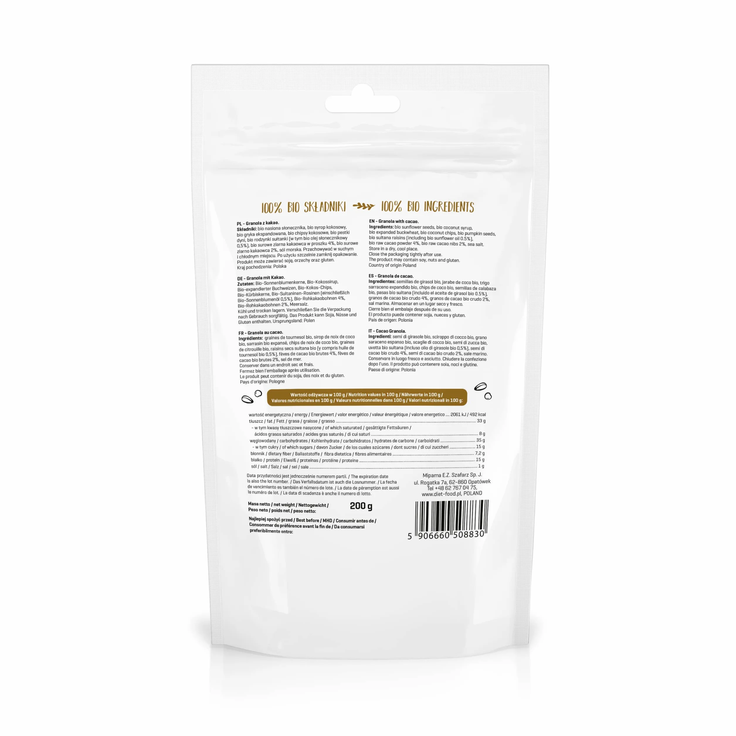 DIET-FOOD Keto Vegan Granola Bio Chrusper Granola z kakao i nasionami, bezglutenowa granola, śniadanie, musli, niskowęglowodanowa, przekąska bez dodatku cukru, 200 g, 1 opakowanie