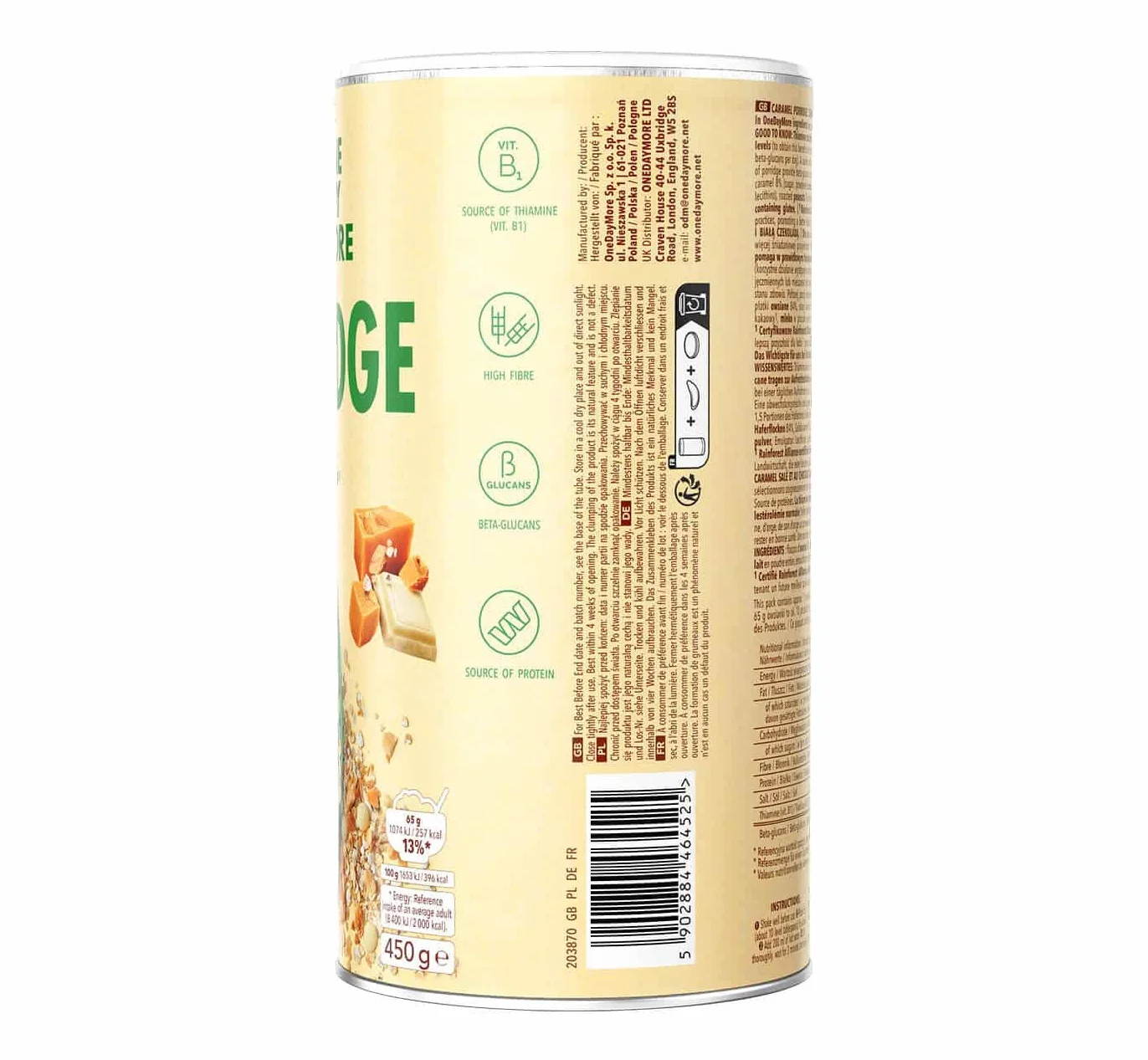 OneDayMore Owsianka karmelowa | 1350g owsianka müsli | Płatki owsiane śniadanie ze 100% naturalnych składników | Zdrowe przekąski jedzenie | 3-pack