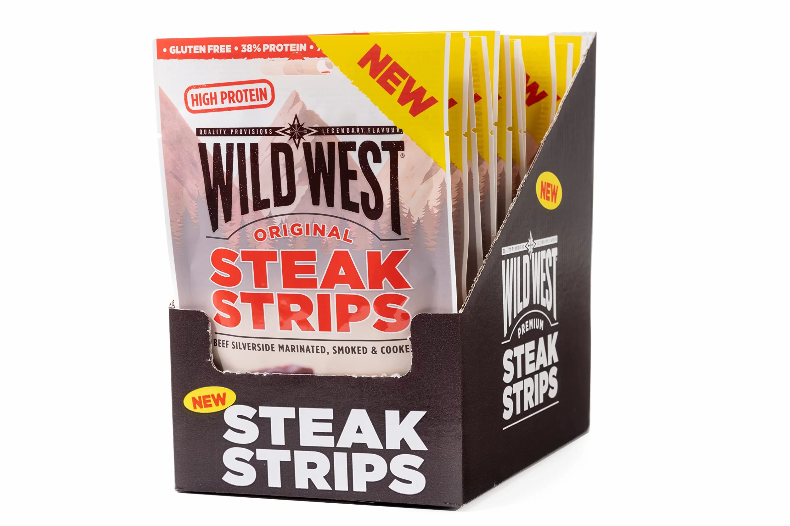 Wild West Paski do steków, 16 x 25 g, oryginalna wołowina, beef Jerky high Protein suszone mięso, przekąska proteinowa
