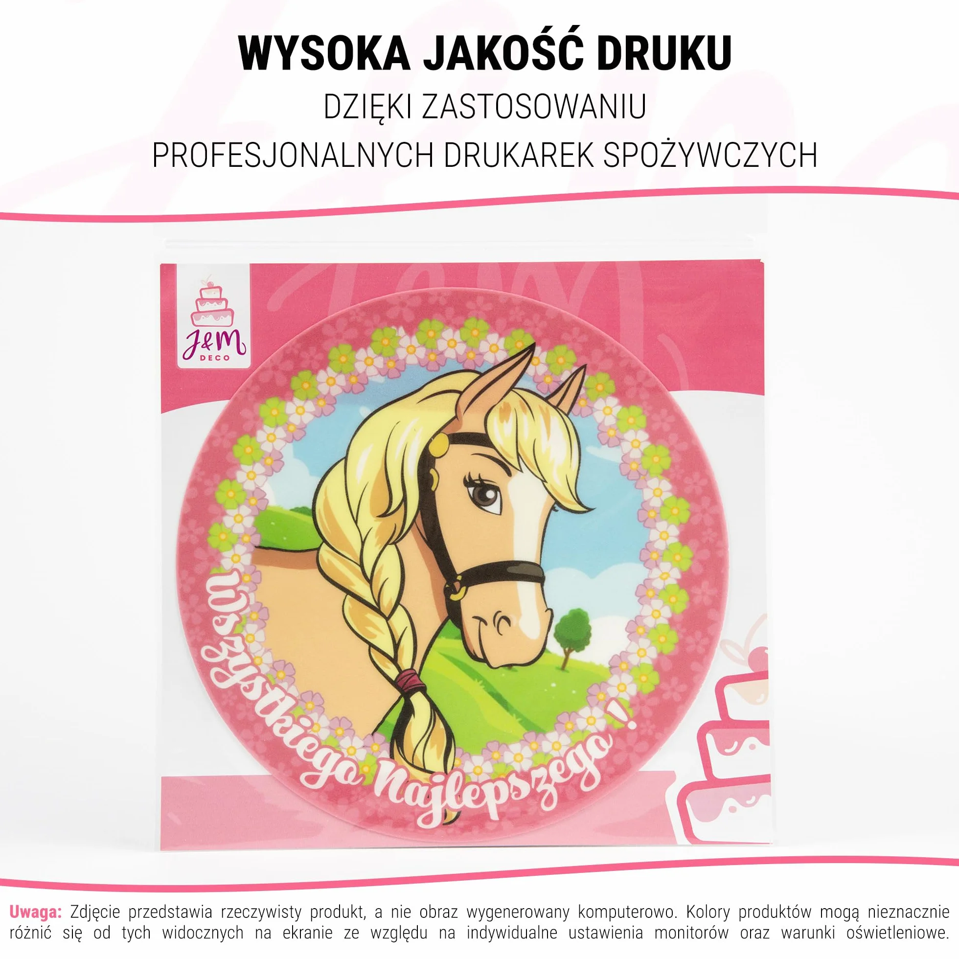J&M DECO Opłatek na tort Koń Ø20 cm – jadalna dekoracja urodzinowa z motywem konika – topper tortowy dla dzieci – bezglutenowy i wegański