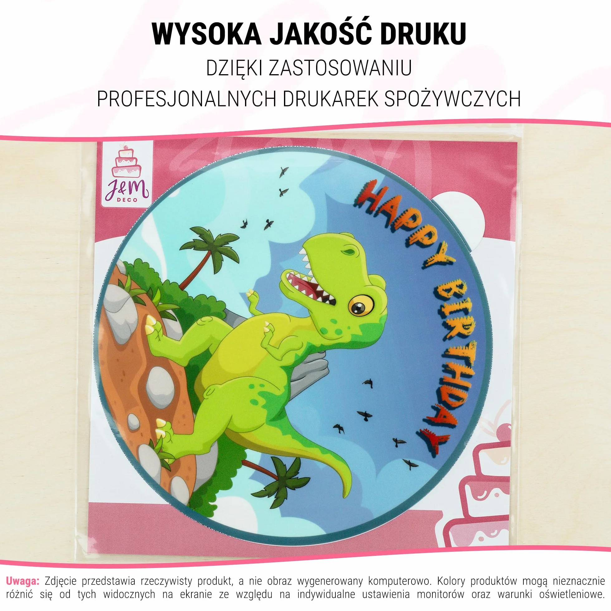 J&M DECO Nakładka na tort Dino – jadalne dinozaury dekoracja tortu Ø 20 cm – kolorowy obraz na tort na urodziny dziecka – gotowa do użycia na papierze cukrowym – Made in EU