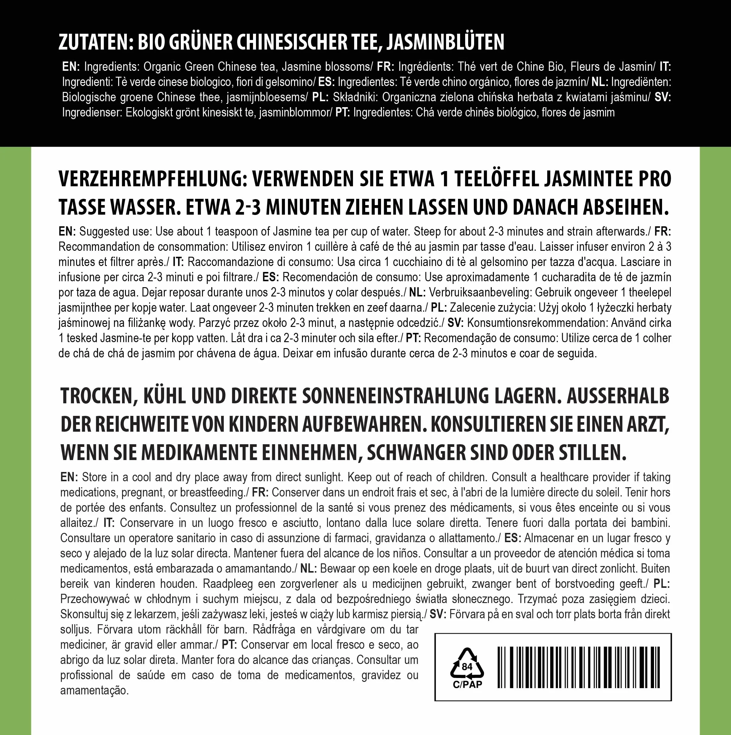 Alpi Nature Ekologiczna Herbata Jaśminowa 200g, Zielona Herbata z Kwiatami Jaśminu, Naturalnie Zawierająca Kofeinę