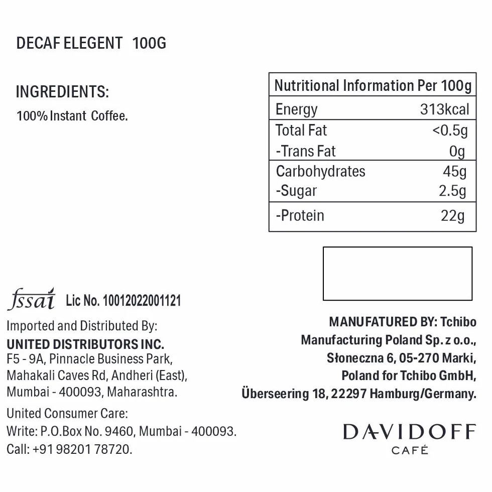 Davidoff Decaf Elegant, Kawa Rozpuszczalna, 100% Arabika, Bezkofeinowa, Intensywność 6/12, 100g