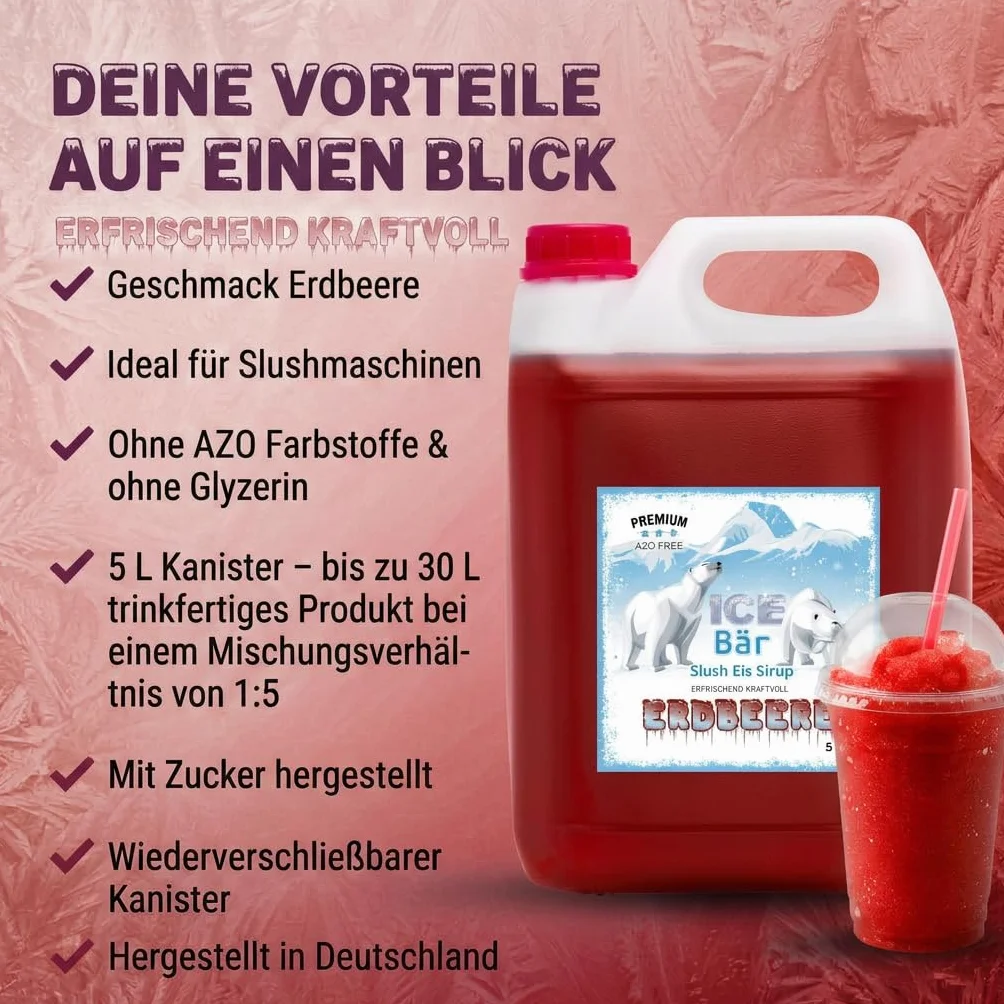 ICE BĘR Slush Syrup 12 odmian owocowych 5 litrów koncentratu BEZ AZO | smak truskawkowy | Slushy Maker Ice for Ice Cream Maker Syrup Maszyna do napojów