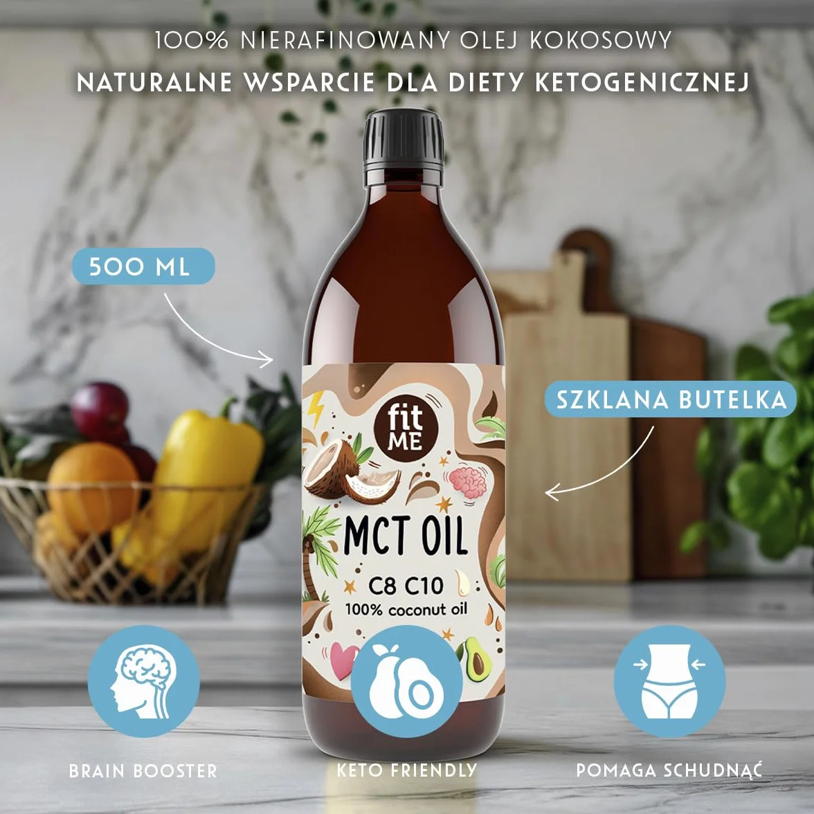 Olej MCT na Bazie Oleju Kokosowego 500 ml - Olej MCT z 60% Kwasu Kaprylowego (C8) i 40% Kwasu Kaprynowego (C10) - Bezsmakowy
