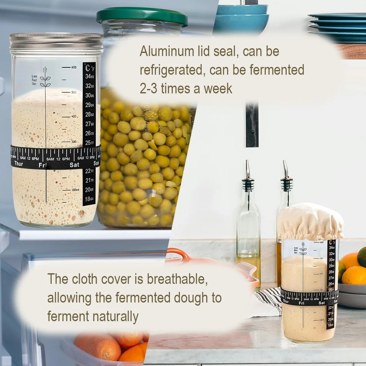 Zestaw do rozpoczynania zakwasu, 730ML szklanka do zakwasu, szklanka do fermentacji, szklanka na zakwas, z łopatką i termometrem, pokrój i metalowa pokrywa, akcesoria do pieczenia w domu