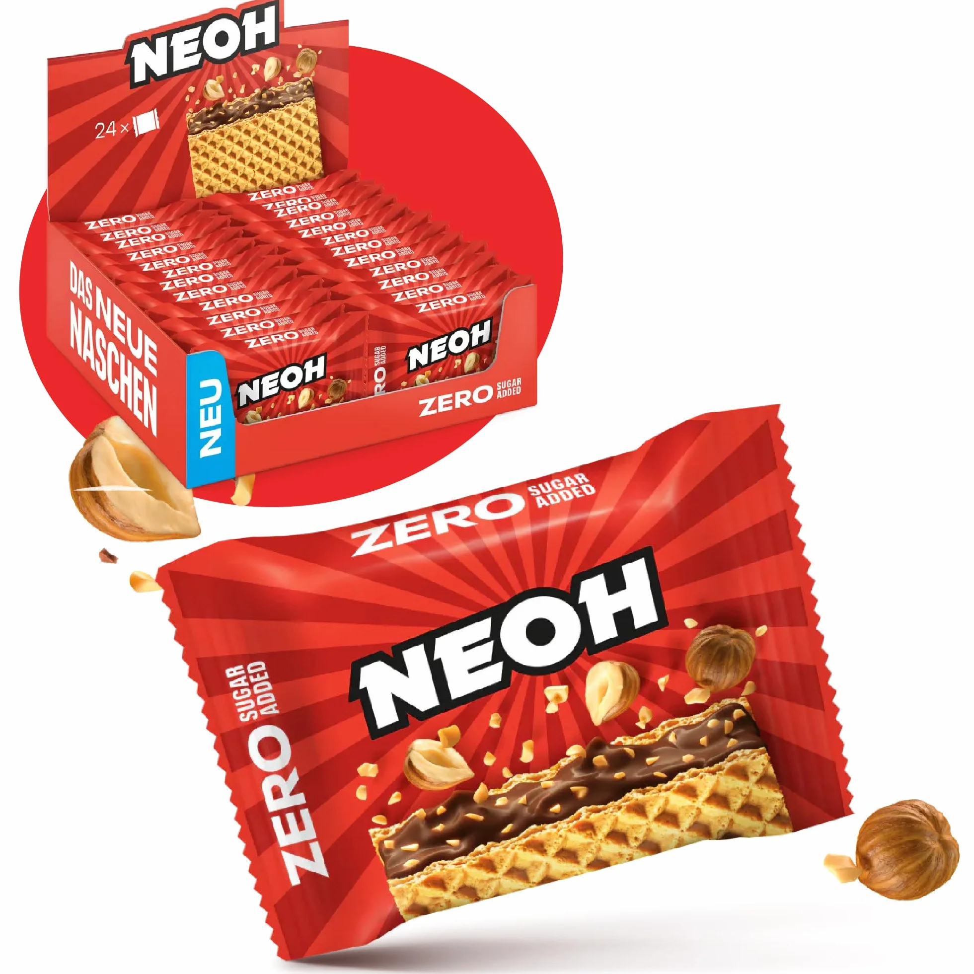 NEOH Low Carb Keto Gofry Orzech laskowy Czekolada 1 g Cukier 95 kcal Bez dodatku cukru 21 g 24 sztuk Hazelnut