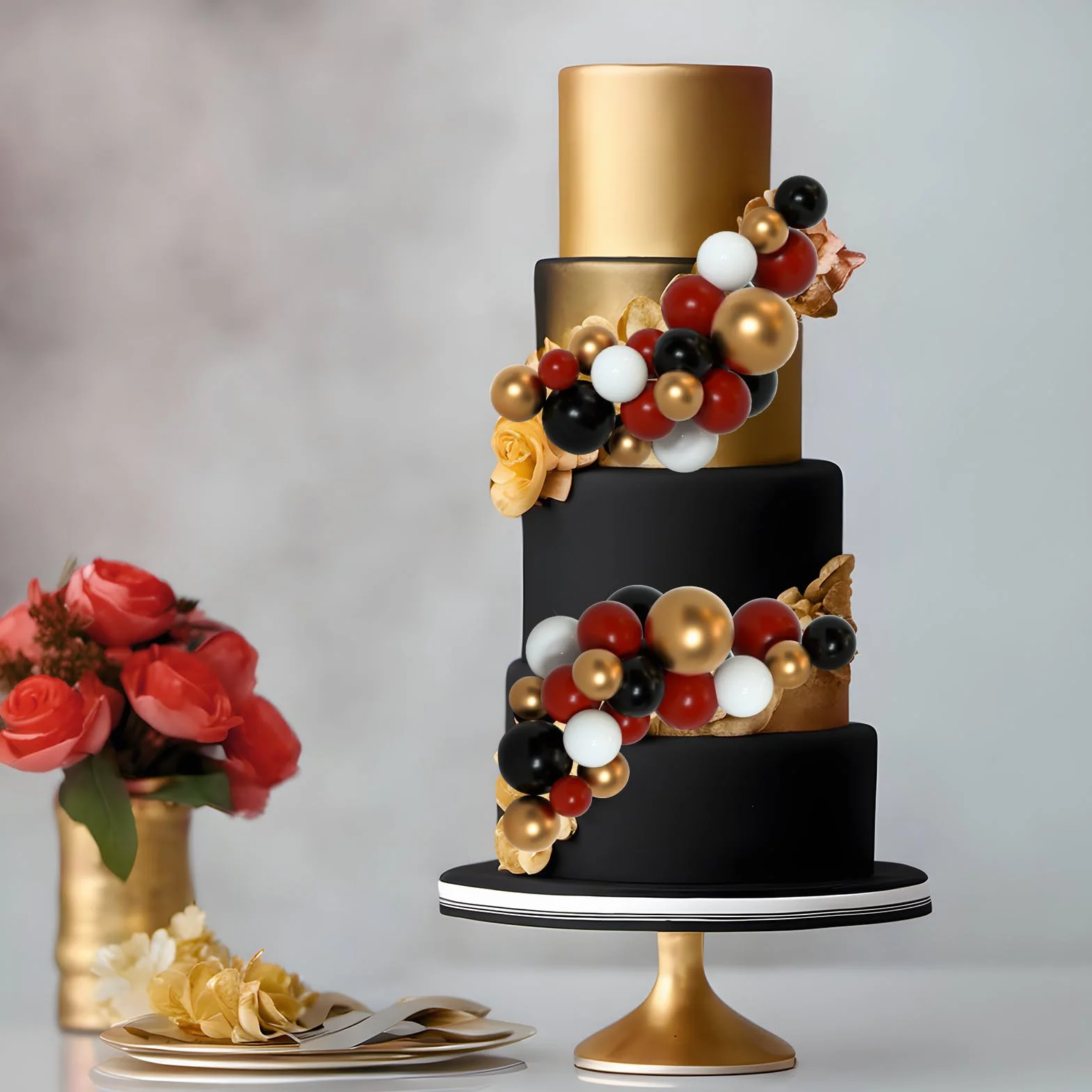 75 sztuk ozdób na tort w kształcie kulek - piankowe ozdoby na babeczki, mini baloniki, kulki ozdobne na tort, wykałaczki do ciasta na przyjęcie urodzinowe, ślub (czarny, czerwony, złoty