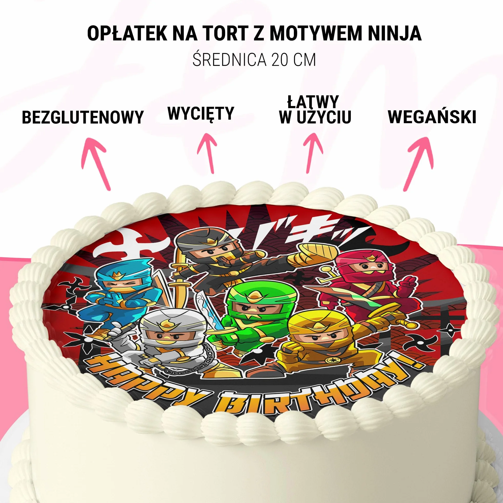 J&M DECO Opłatek na tort Ninja Ø20 cm – jadalna dekoracja urodzinowa z motywem wojownika – topper tortowy dla dzieci – bezglutenowy i wegański
