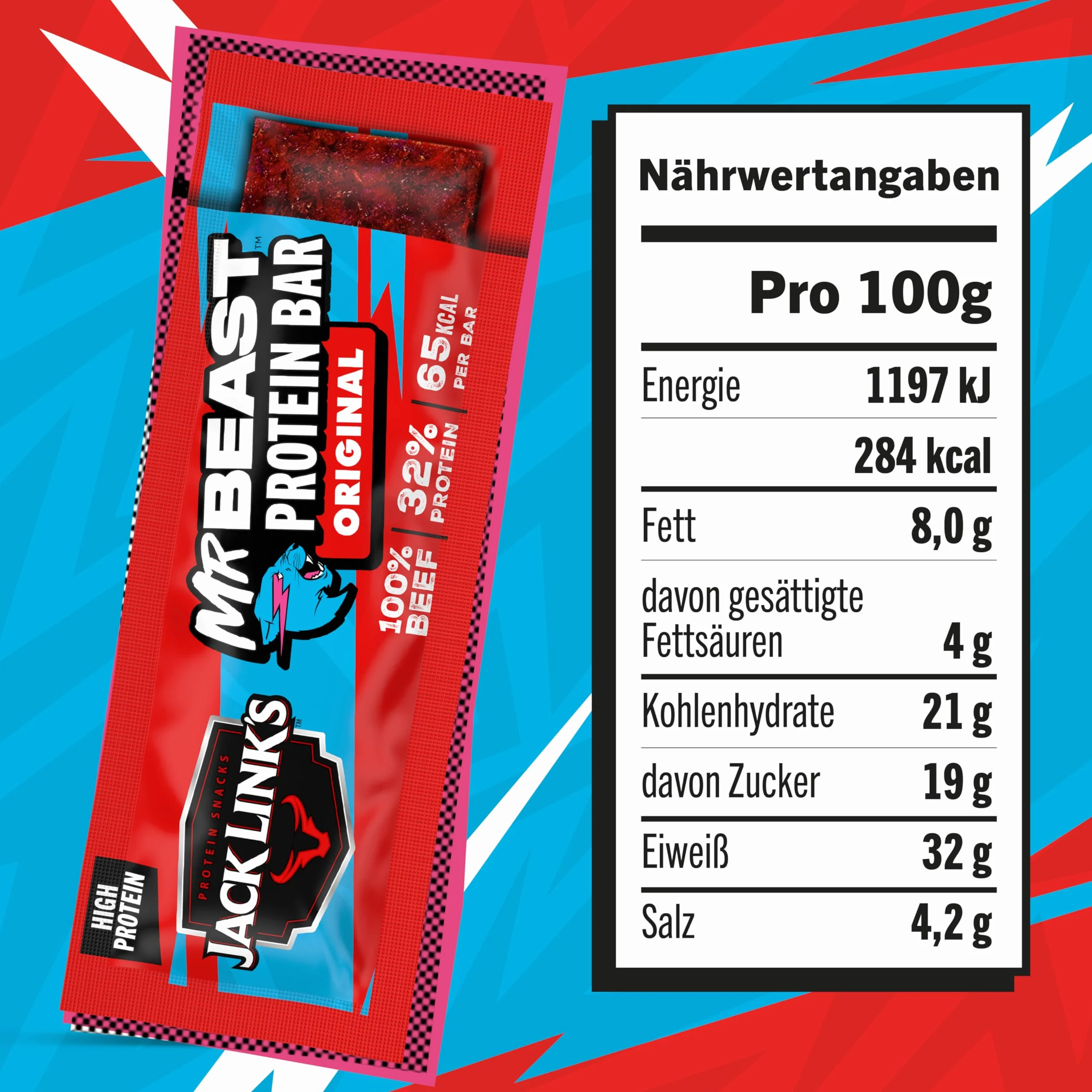 Jack Link's Original Proteinowy Baton z Wołowiny, Niskowęglowodanowe Batony Białkowe, Wysokobiałkowa Przekąska (14 x 22.5 G)
