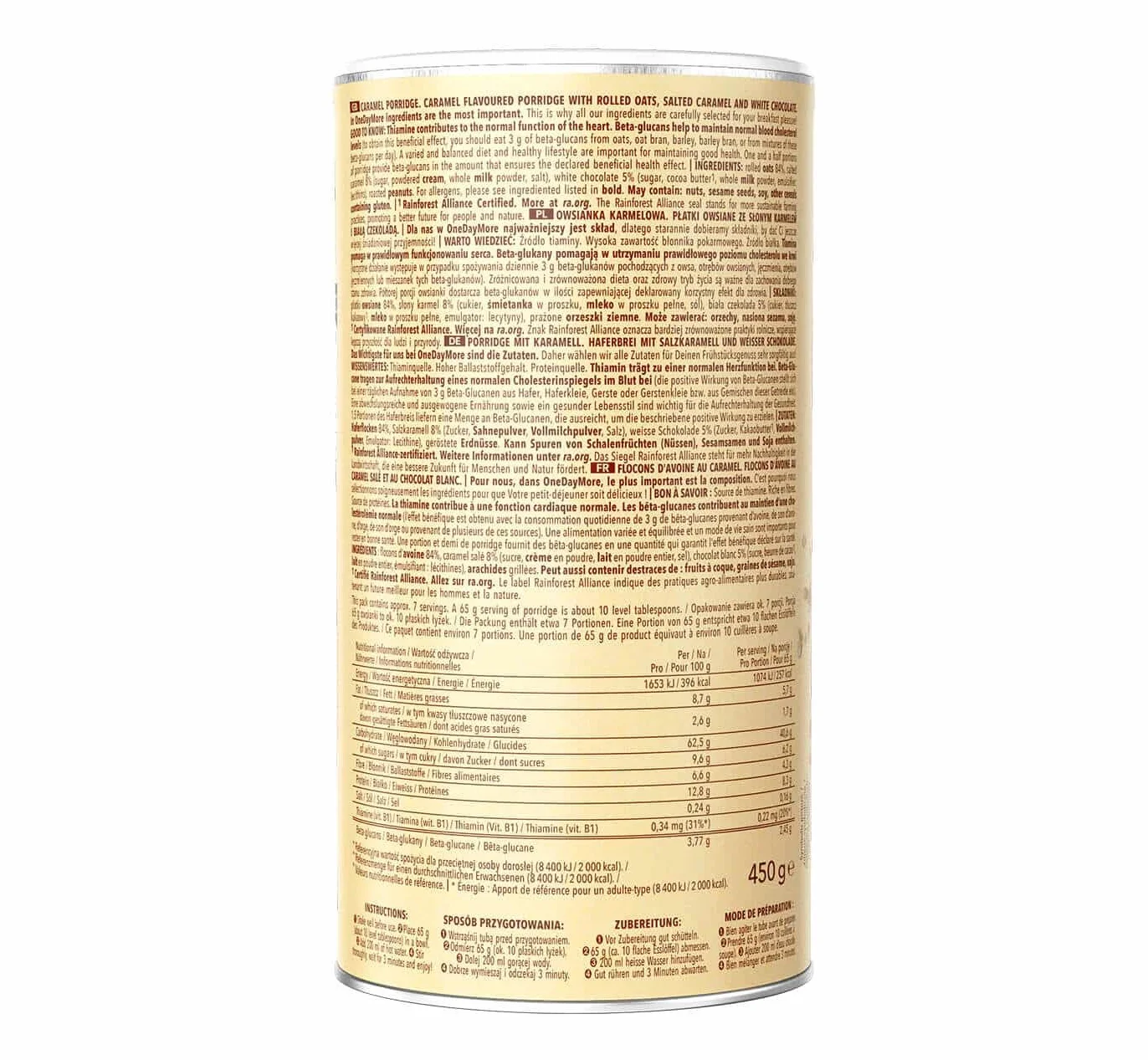 OneDayMore Owsianka karmelowa | 1350g owsianka müsli | Płatki owsiane śniadanie ze 100% naturalnych składników | Zdrowe przekąski jedzenie | 3-pack
