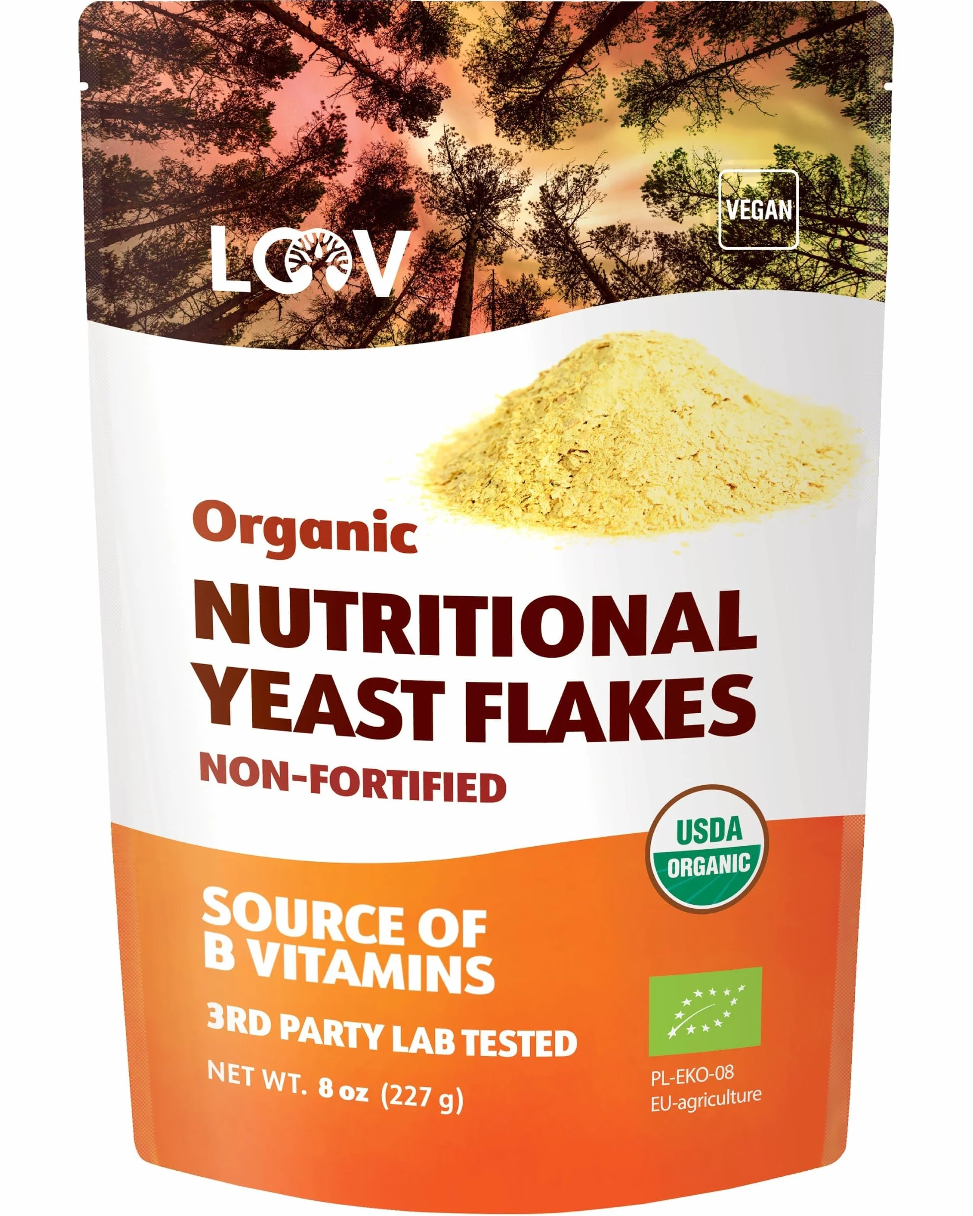 LOOV Organiczne niewzbogacone odżywcze płatki drożdżowe, prażone niewzbogacone, wegańskie, bez GMO, bezglutenowe, dobre źródło witamin z grupy B, bez dodatku witamin, zamykana torba, 227 gramów