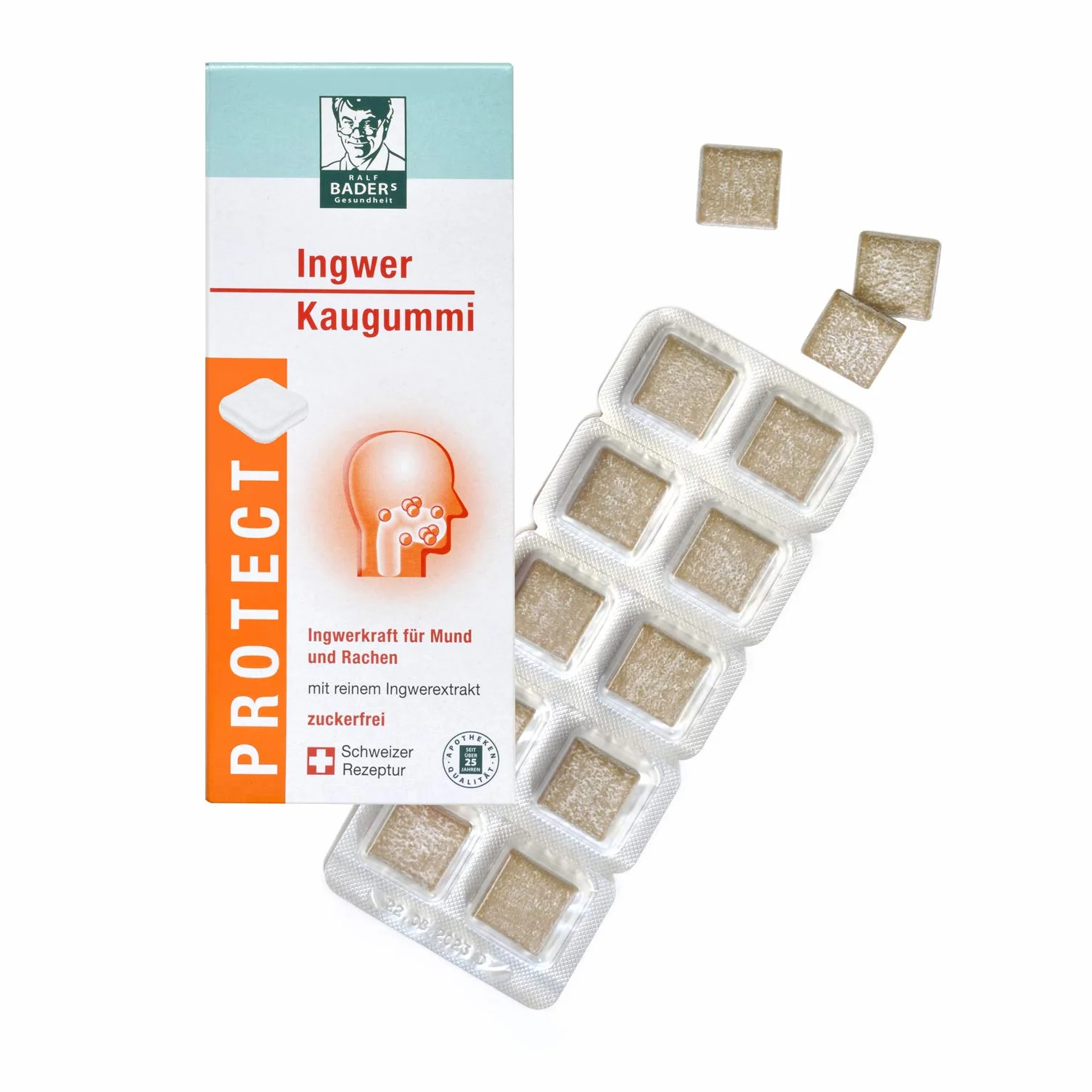 BADERs Ginger Guma do żucia z farmacji, z Gingerol do ostrzenia składników idealny do podróży imbir pomarańczowy smak, 20 guma do żucia kwadratów, szwajcarski produkt