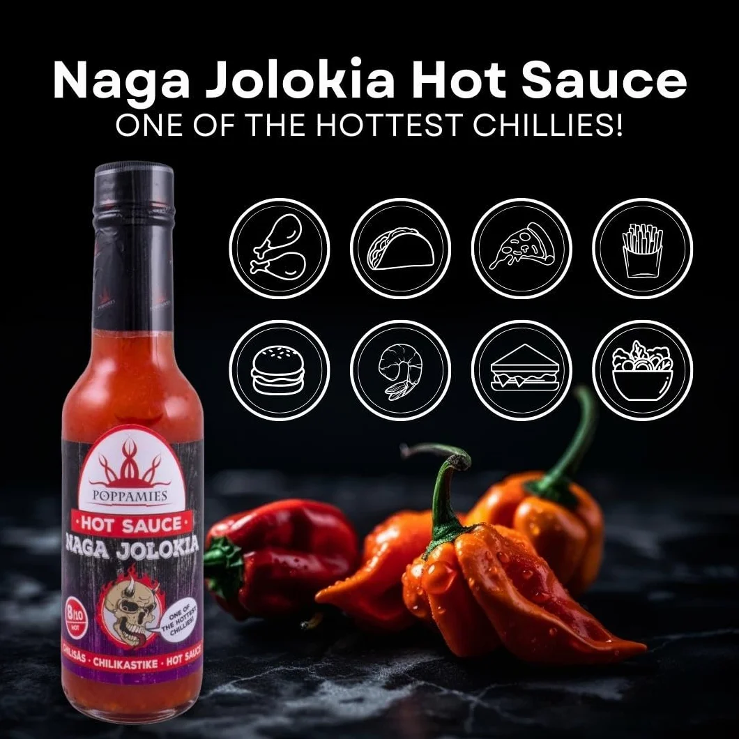 Poppamies Naga Jolokia Hot Sauce - bezglutenowy, bez laktozy, wegański - Pikantność: 8/10-150ml