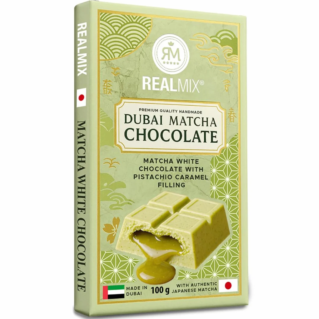 REALMIX Czekolada z Dubaju z Japońską Matchą – Tabliczka Premium z Kremem Pistacjowym i Karmelem – 100g