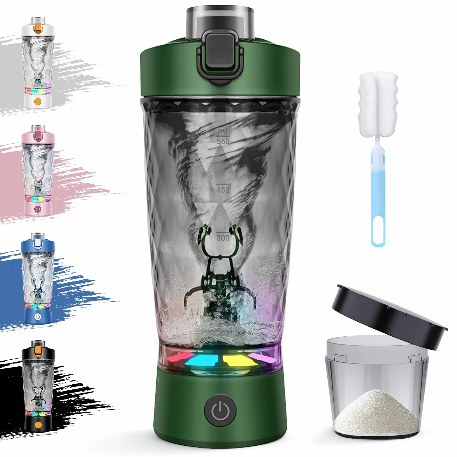 Elektryczny shaker 650 ml z komorą na proszek, ładowany przez USB, BPA free, zielony
