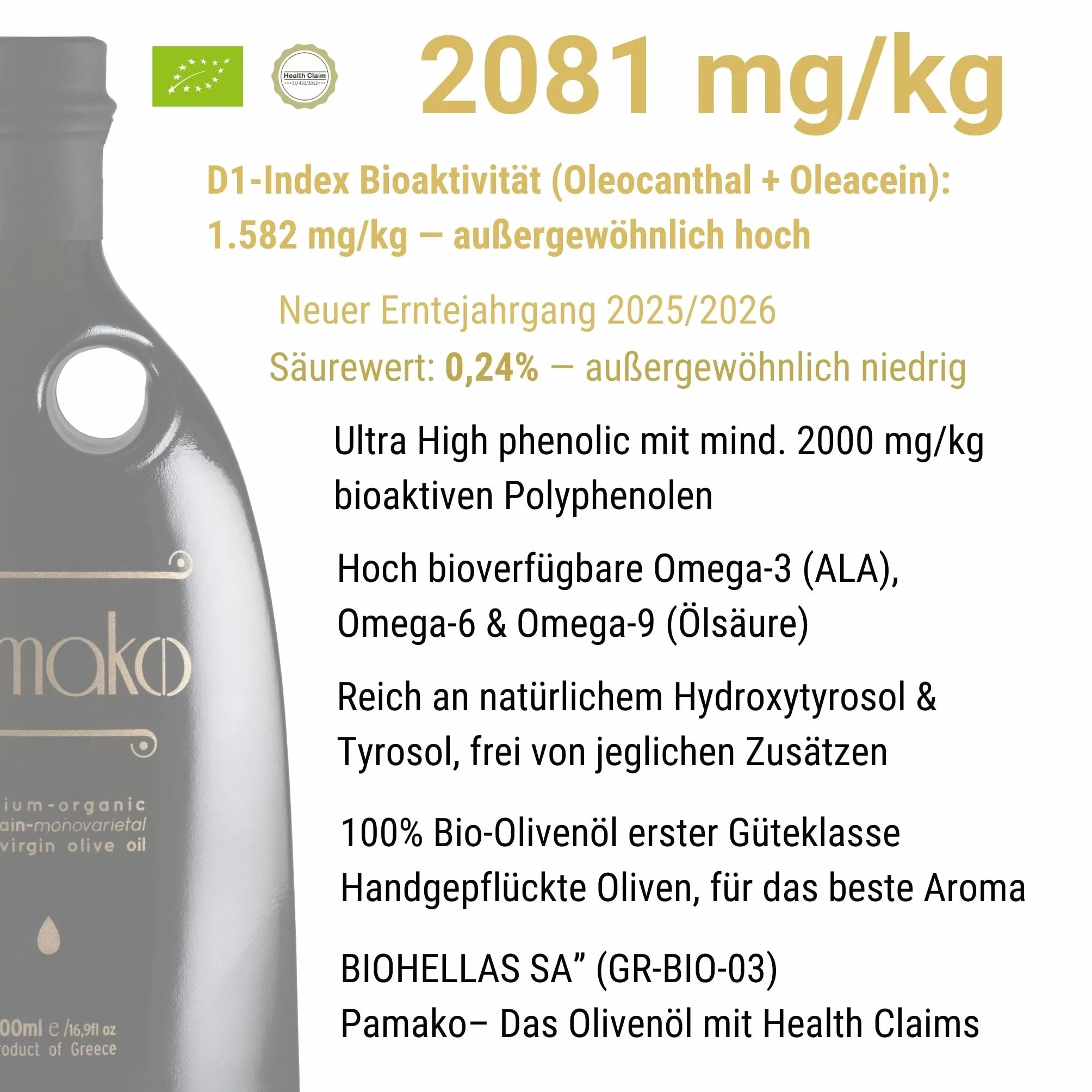 Pamako Monovarietal Tsounati 500ml BIO Oliwa z Oliwek Extra Virgin Wysokopolifenolowa 2081 mg/kg Tłoczona na Zimno Kreta Grecja