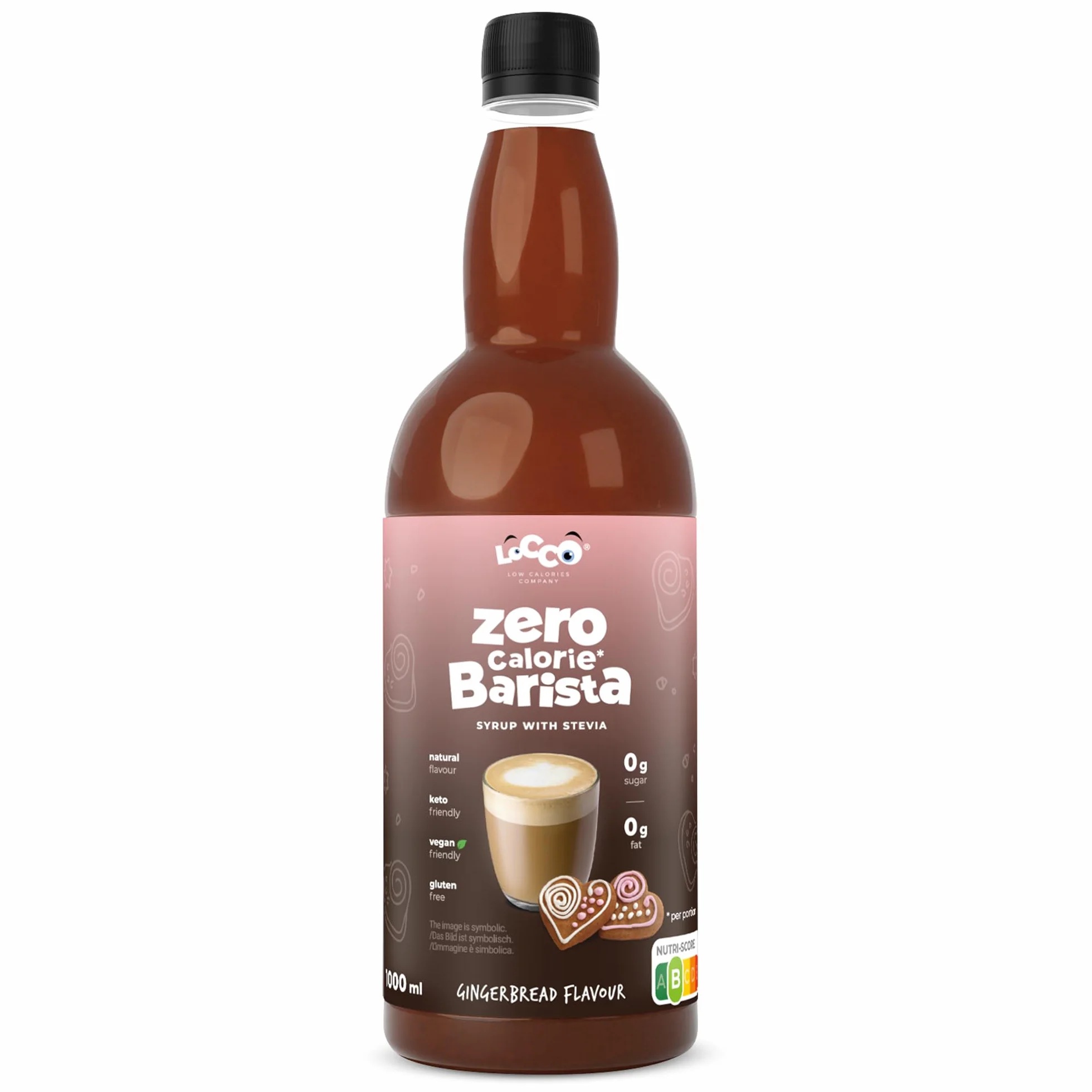 LoCCo Bezkaloryczny Syrop Barista do Kawy ze Stewią – Zero Kalorii, Bez Cukru, Keto (Smak Piernikowy) 1L