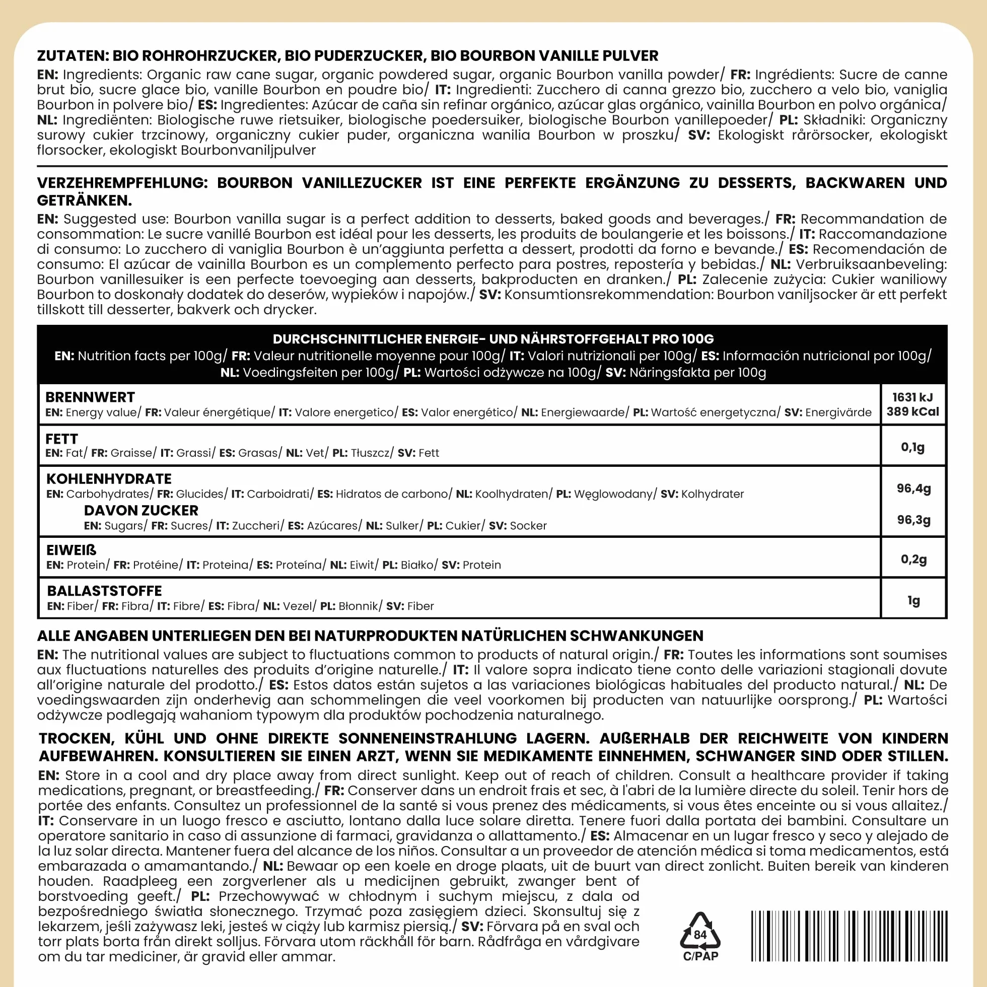 Alpi Nature Ekologiczny Cukier Waniliowy Bourbon 100g, Premium Mieszanka Cukru Pudru i Wanilią z Madagaskaru