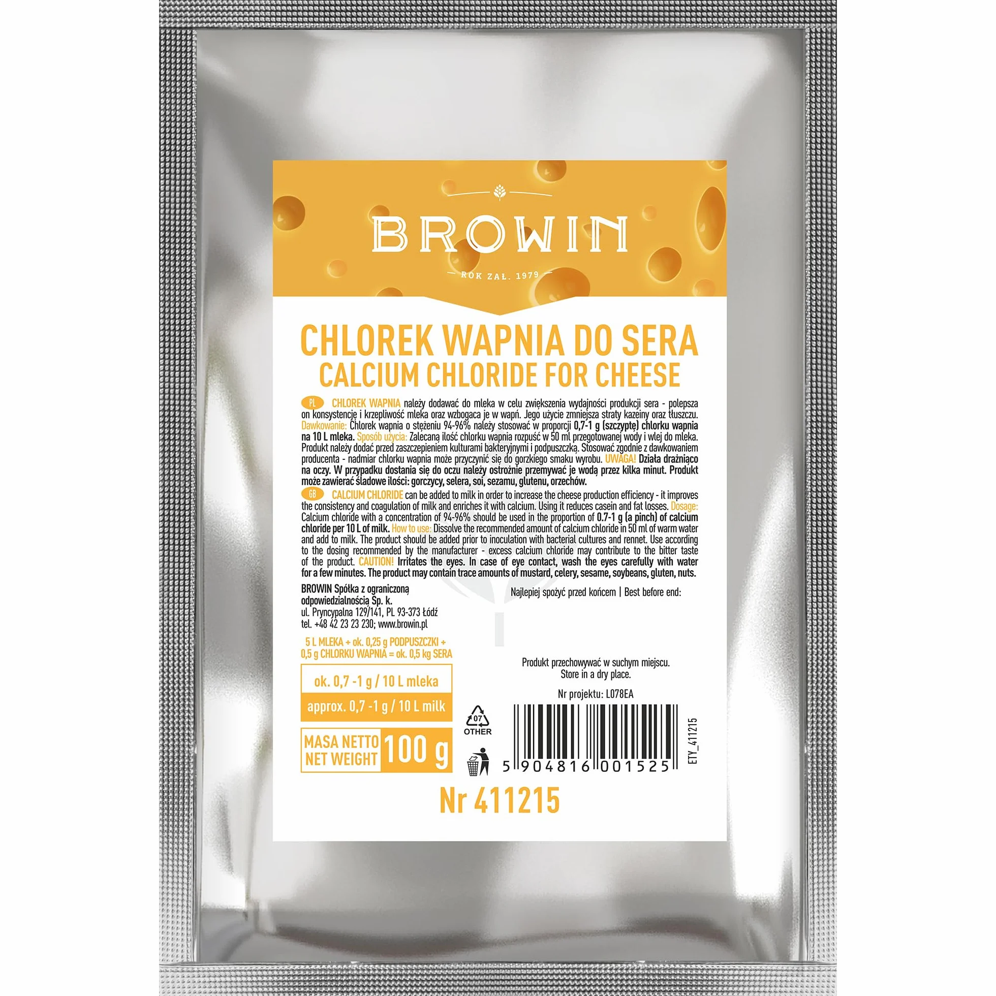Browin 411215 chlorek wapnia – 100 g, do produkcji sera