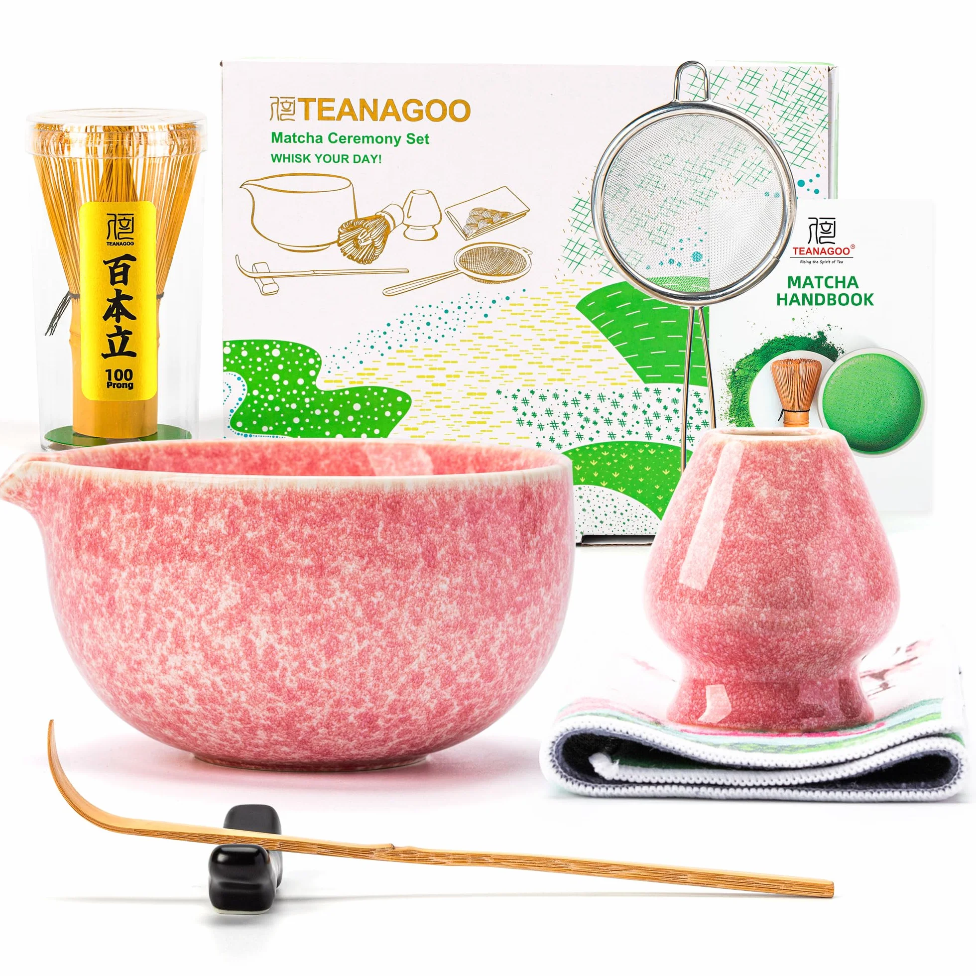 TEANAGOO Zestaw trzepaczek Matcha, zestaw 7 szt., różowy, zestaw do ceremonii matcha, zestaw do herbaty matcha do robienia latte, ceramiczna miska (chawan) z wylewką i trzepaczką, prezent dla