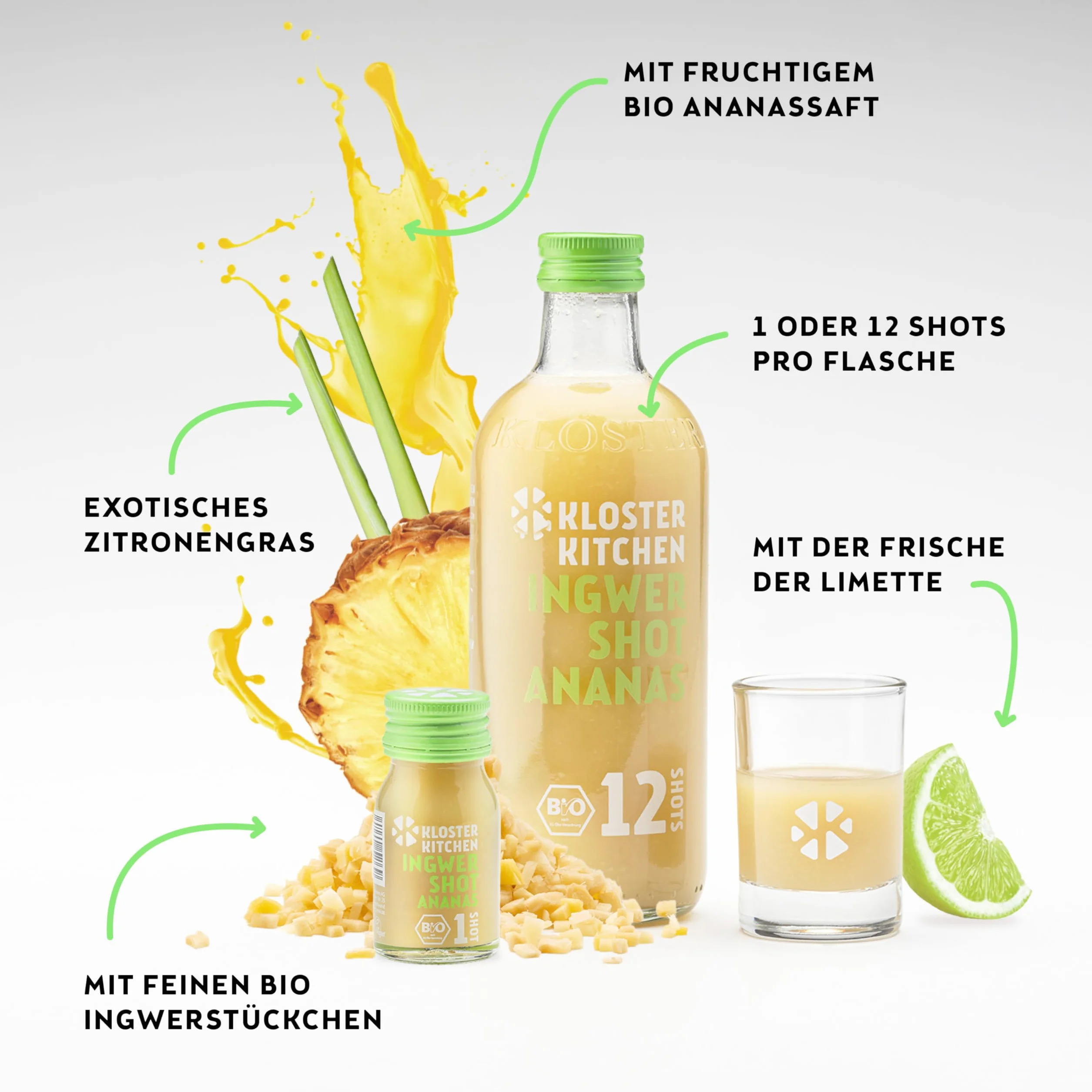 Kloster Kitchen Bio Imbir Shot Ananas 12 Shots 3 x 360 ml z Prawdziwymi Kawałkami Imbiru, Wegański, Szklana Butelka