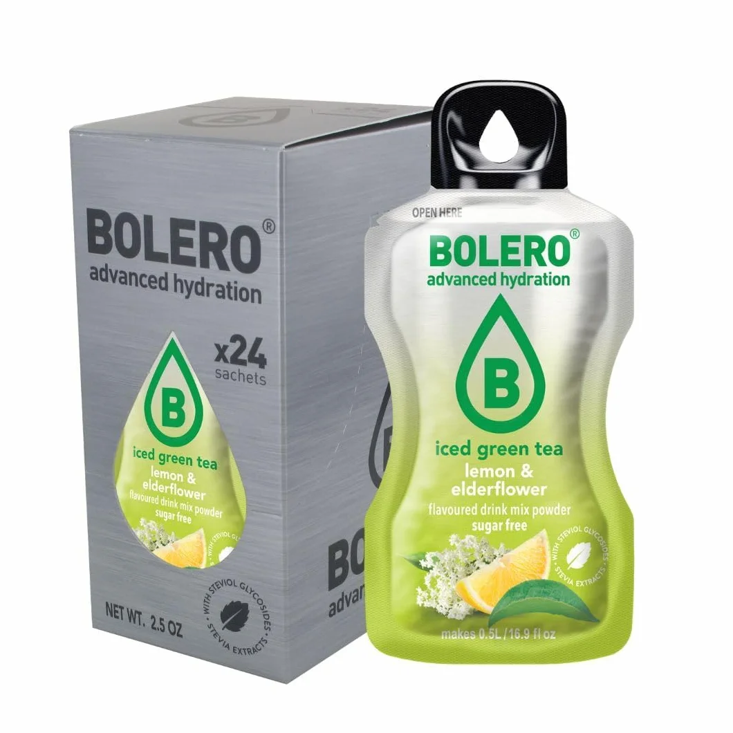 Bolero ICED GREEN TEA Saftpulver ohne Zucker, gesüßt mit Stevia + Vitamin C, glutenfrei, veganfreundlich 24x3g LEMON & ELDERFLOWER