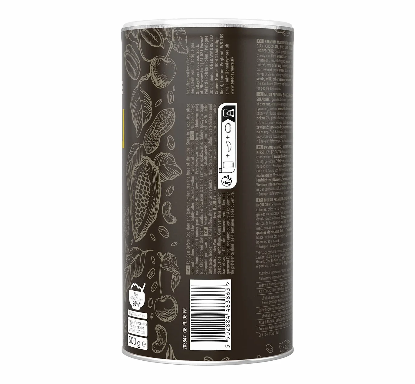 OneDayMore Musli Premium z Belgijską Czekoladą | Orzechy Pekan i Nerkowca, Liofilizowane Wiśnie | 450 g | Bez Oleju Palmowego