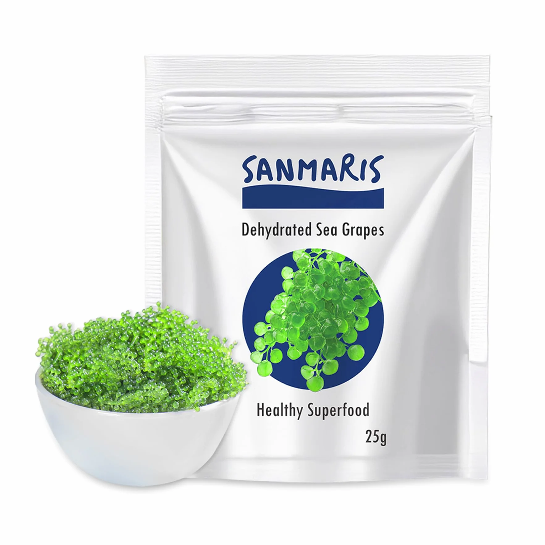 SANMARIS winogrona morskie, suszone, wegańskie, przekąska z alg, zielony kawior, suszone wodorosty, utrata wagi, chrupiące (25 Gram)