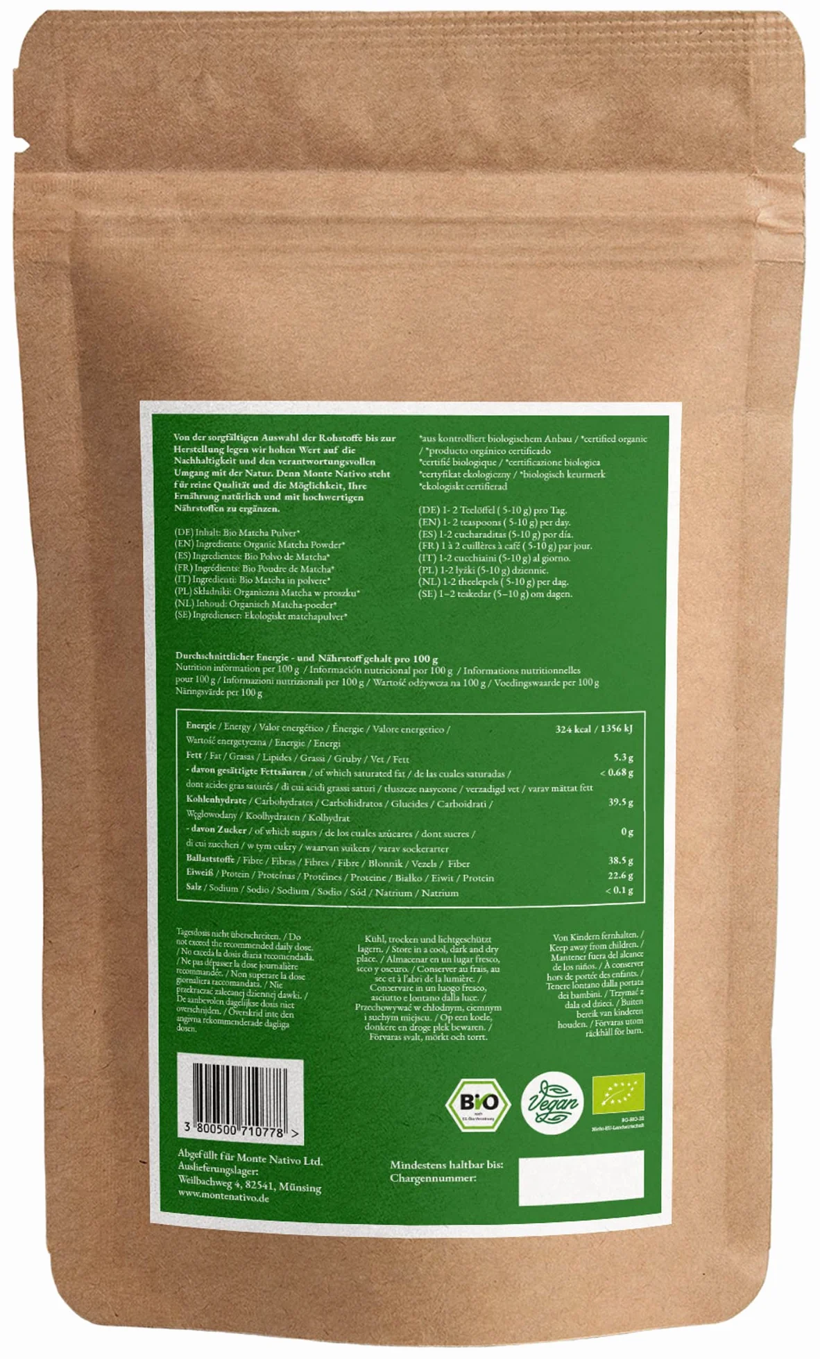 Bio matcha w proszku Monte Nativo (100 g) – herbata matcha do latte – zielona herbata premium – 100% naturalna i bez dodatków