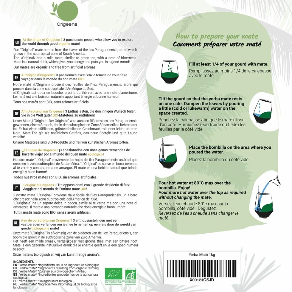 ORIGEENS Yerba Mate Organic 1KG - Zielona Yerba Maté bez dymu, bez łodygi, 0 pyłu