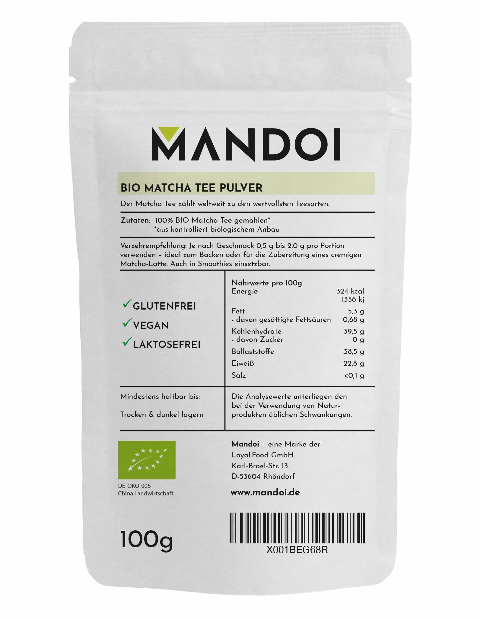Mandoi Bio Matcha herbata w proszku, 100 g, Bio matcha w proszku, idealny do koktajli, shake'ów lub pieczenia, Green Tea Powder.