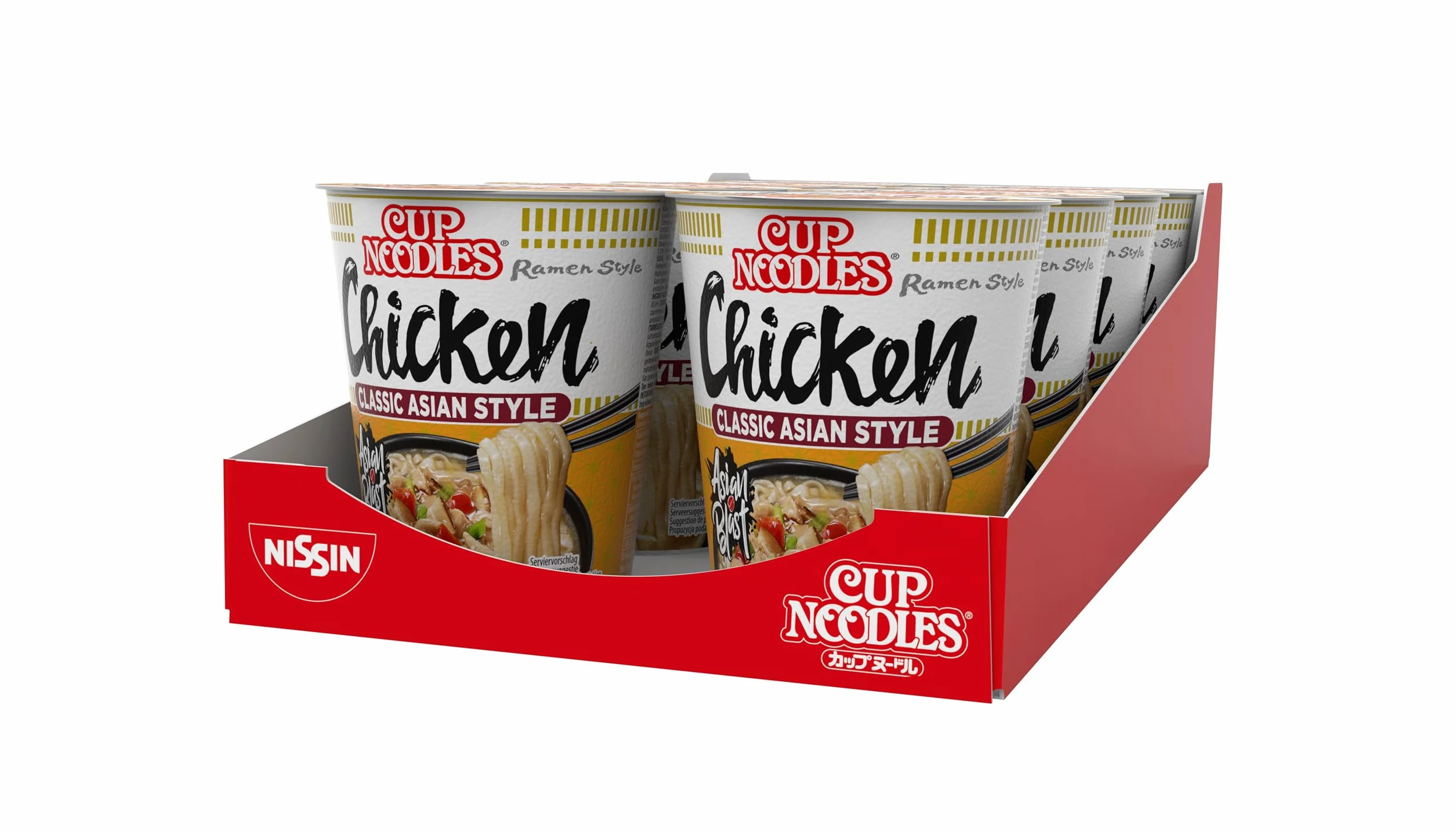 Nissin Cup Noodles – Tasty Chicken, 8 sztuk, Soup Style makaron instant, o smaku mięsa z kurczaka i warzywami, szybkie przygotowanie w kubku, azjatyckie jedzenie (8 x 63 g)