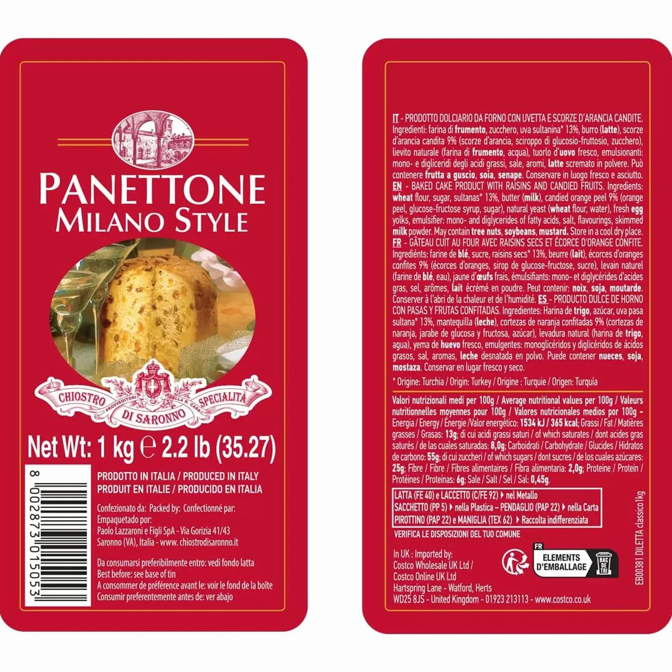 Chiostro di Saronno Lazzaroni Classic Panettone, 1 kg