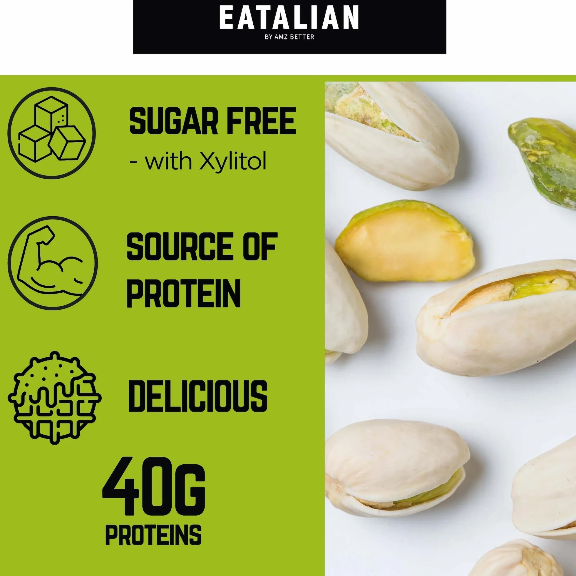 EATALIAN by AMZ BETTER Krem proteinowy pistacjowy CRUNCHY 200 g, krem do smarowania z granulkami pistacji, słodki smak, idealny do pieczywa, do nadziewania deserów, czekolada z Dubaju