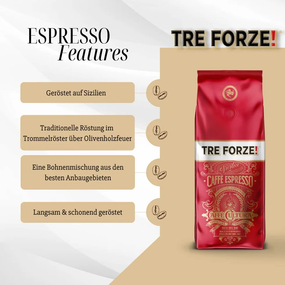 TRE FORZE! Espresso Caffè 1 kg ziaren espresso tradycyjne palenie na ogniu z drewna oliwkowego ręczne wykonanie