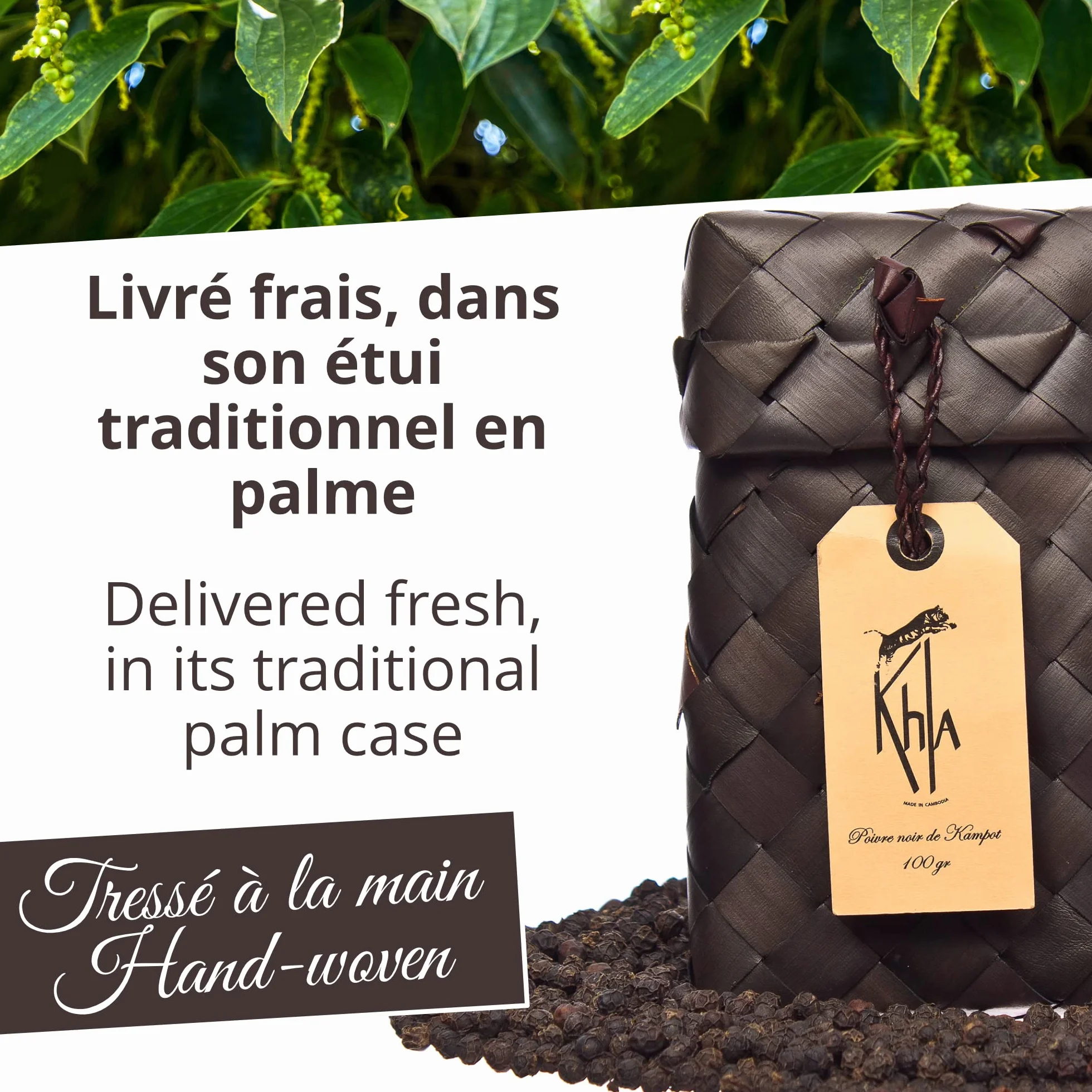 KHLA - Czarny pieprz Kampot Premium-GGA - 100 g - ziarna pieprzu w woreczku - tradycyjne opakowanie w liśćch palmowych