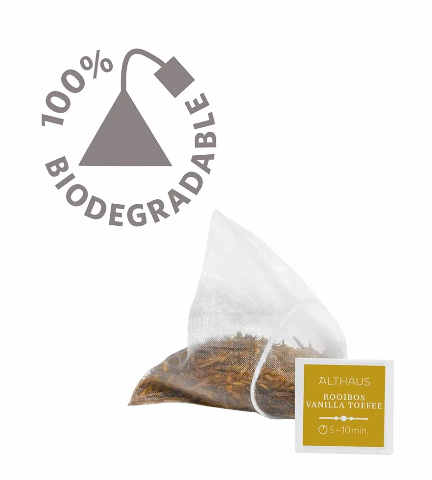 Althaus Herbata ROOIBOS VANILLA (wcześniej TOFFEE ROOIBUSH), herbata rooibos w woreczku piramidowym, zestaw PYRA – aromatyzowana herbata ziołowa o smaku waniliowo-karmelowym, 15 x 2,75 g