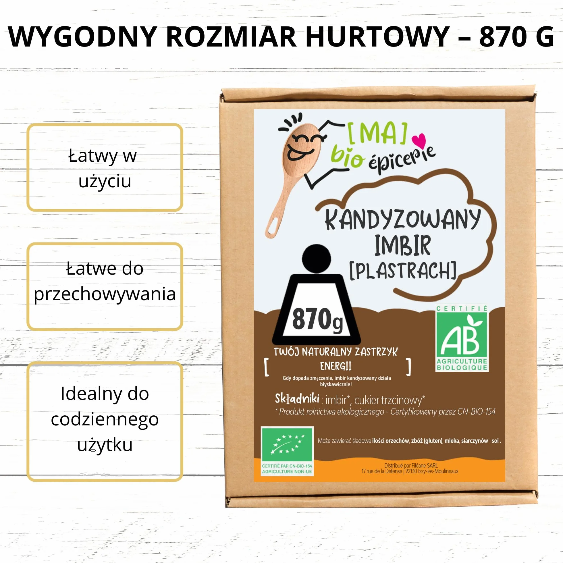 Kandyzowany imbir bio słupki 940g Certyfikat Bio
