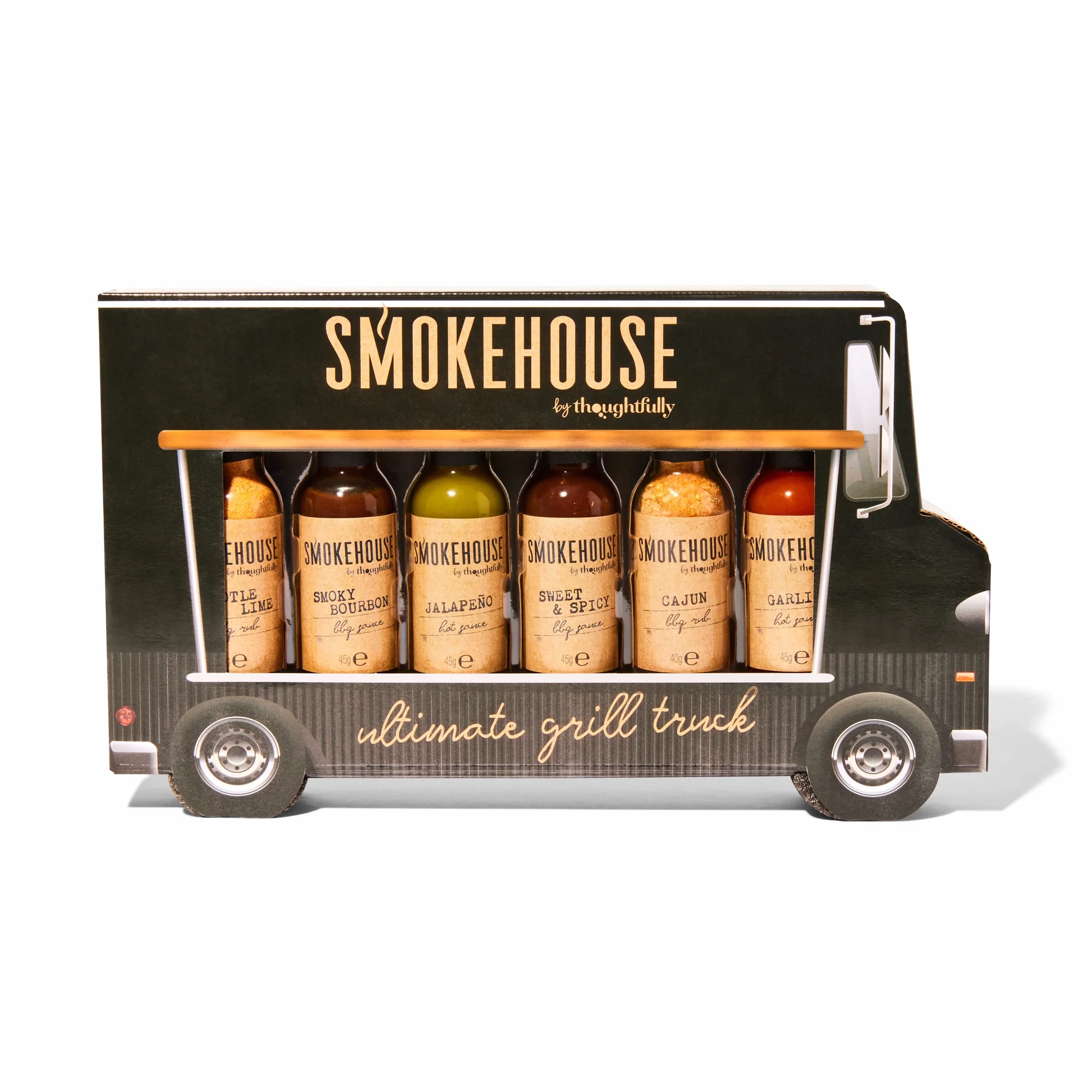 Smokehouse by Thoughtfully, zestaw upominkowy Gourmet Ultimate Grill Truck, zabawny zestaw w kształcie ciężarówki, zawiera ocieranie grilla, sosy BBQ i ostre sosy, zestaw 6 szt