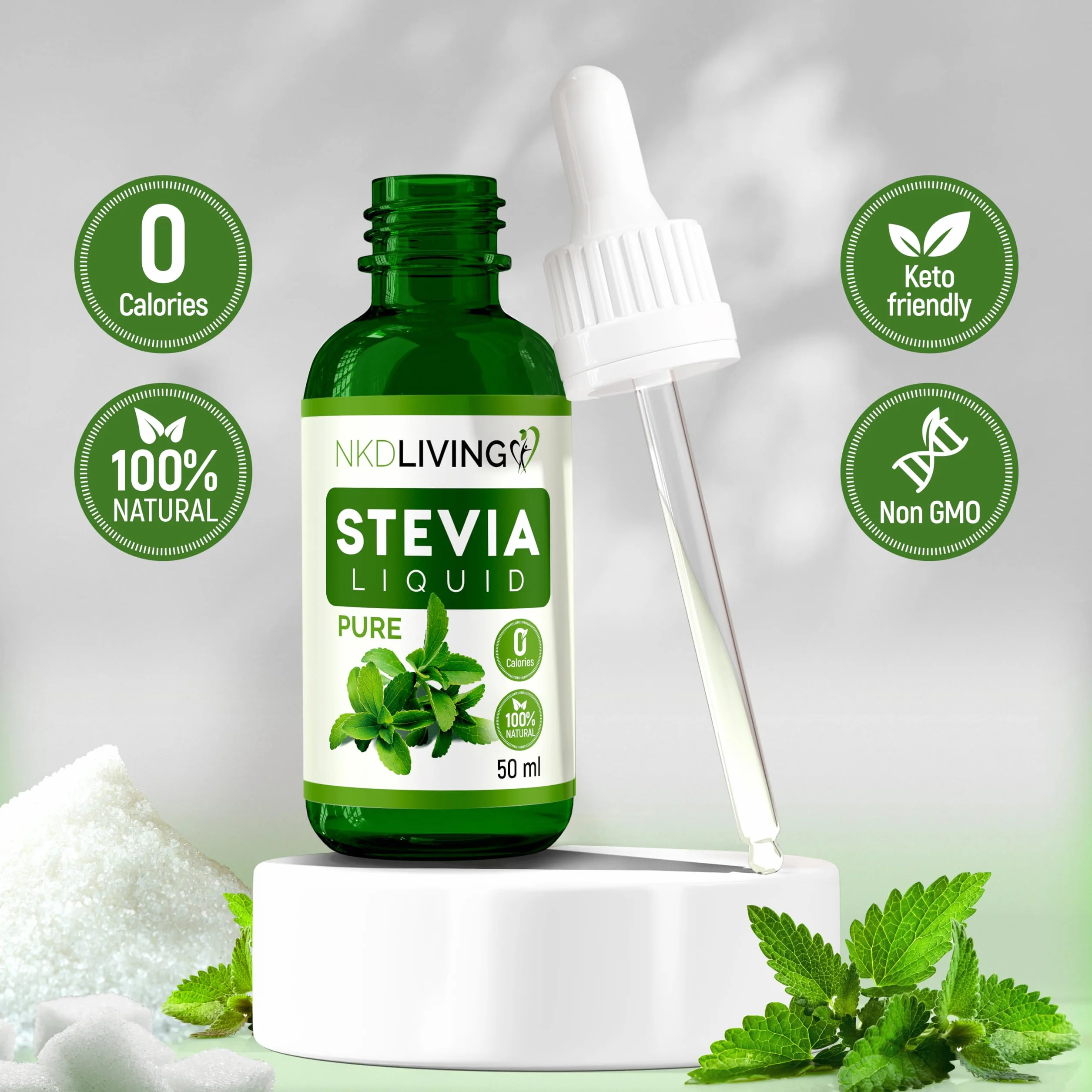 NKD Living Krople Stevia Liquida Pure 50 ml - czysta stewia, bez dodatku smaku - ze szklanym zakraplaczem